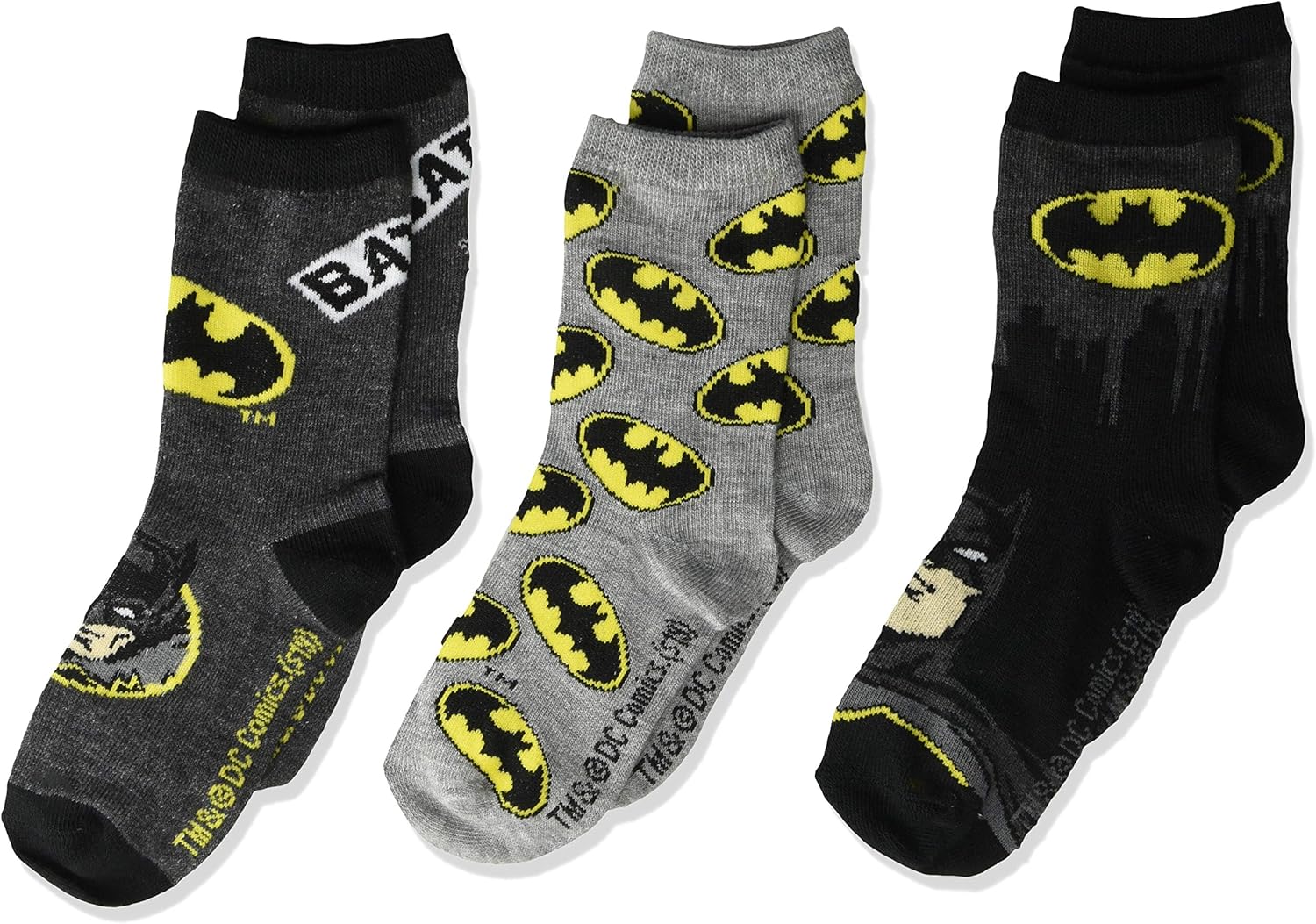 BATMAN boys Batman 3 Pack Crew Casual Sock, Black Assorted, Shoe Size 38 US Clothing