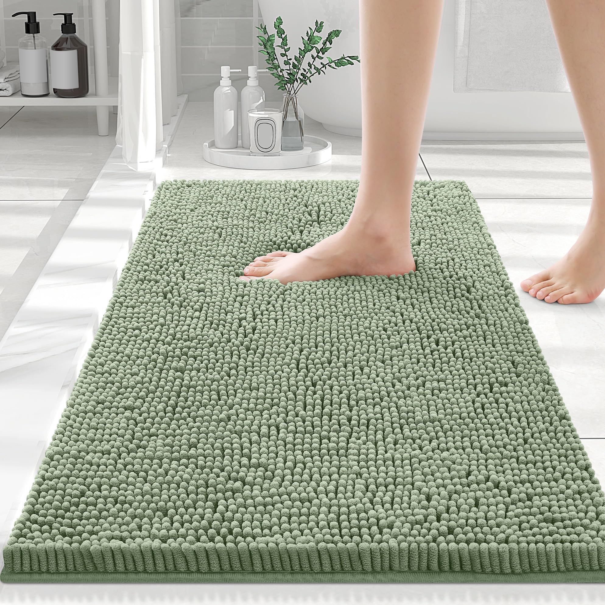 Photo 1 of Smiry Luxury Chenille Bathroom Rugs 30x20, Extra Soft and Absorbent Shaggy Bath Mat, Machine Washable, Non-Slip Plush Carpet Runner for Tub, Shower, and Floor, Home Decor Accessories, Sage Green