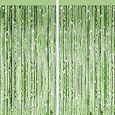2 Pack Light Green Metallic Tinsel Foil Fringe Curtains, Door Streamers Photo Booth Backdrop for Birthday Party, Tinsel Curtain Backdrop for Baby Shower Bachelorette Christmas Party Decorations