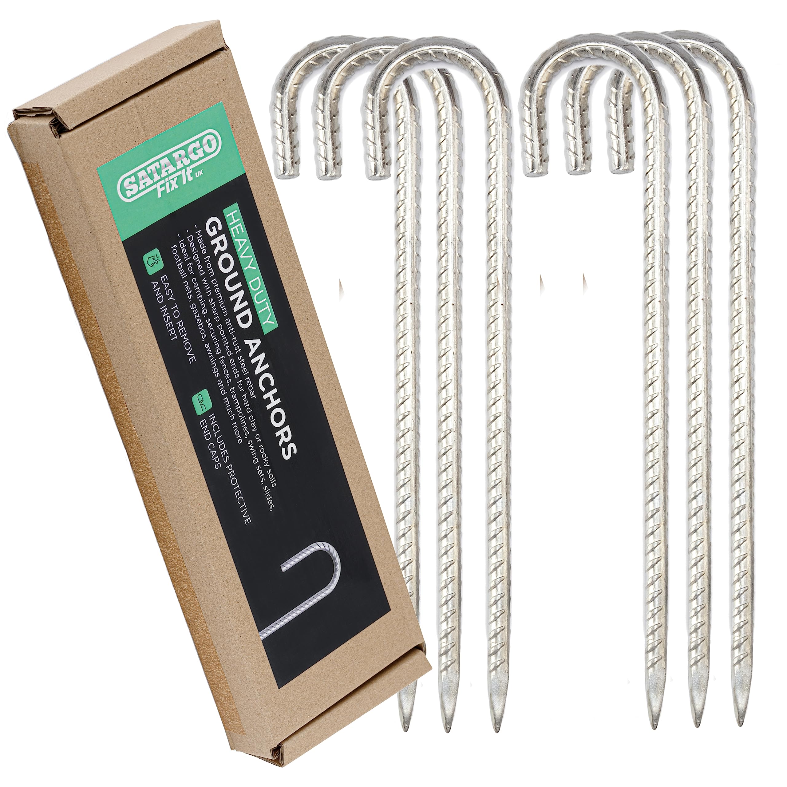 Satargo Heavy Duty Ground Rebar Stakes Garden Staples, Galvanized Steel Tent Nails, J Pegs Gardening Anchors, Landscape Pins for Trampoline, Camping, Canopies, Sheds Ports Swing Sets (6)