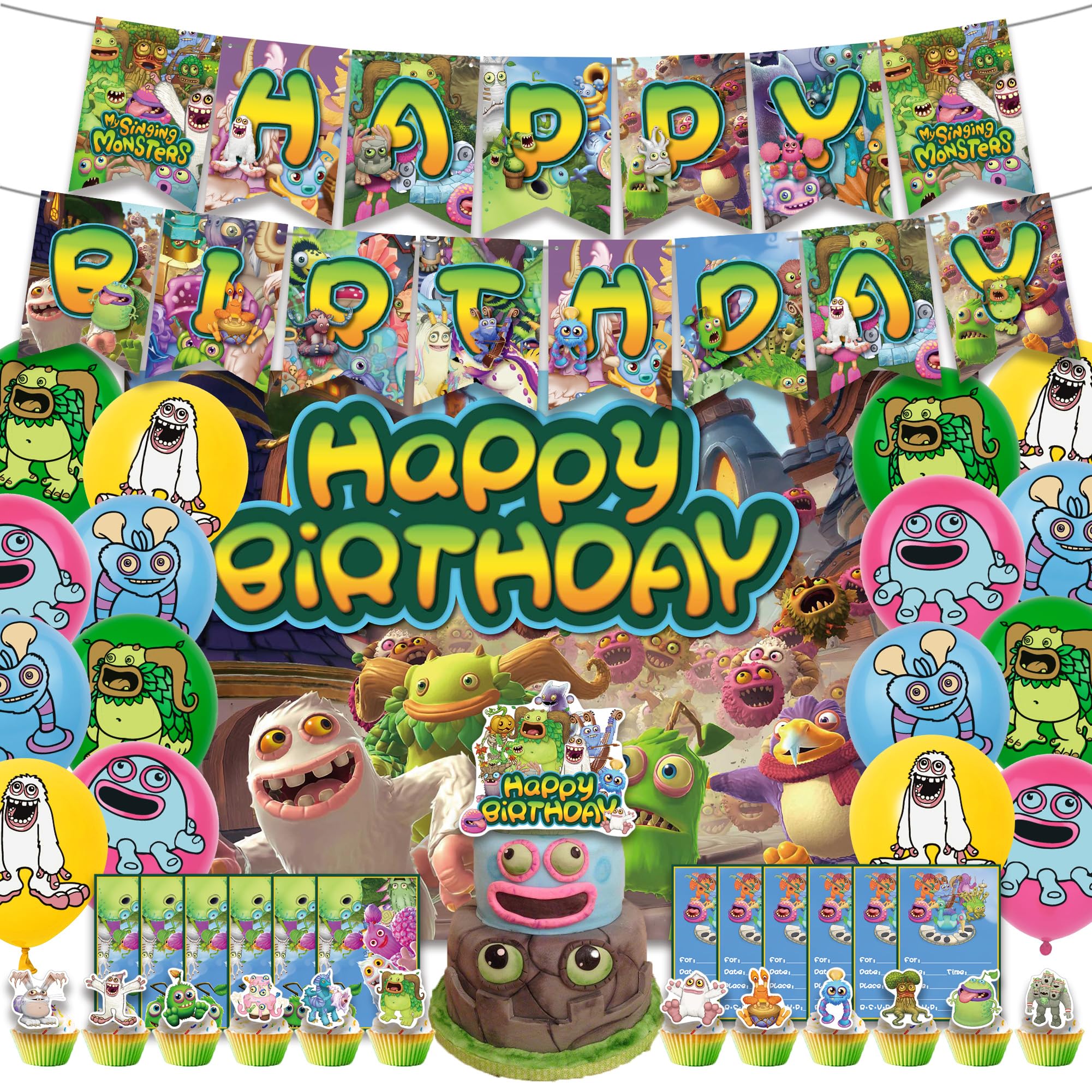 Photo 1 of MVMVMVV Monster Theme Birthday Party Supplies Includes Cupcake&Cake Topper-Happy Birthday Banner-Background-Balloons-Invitation Card for Kids Monster Party Decoration