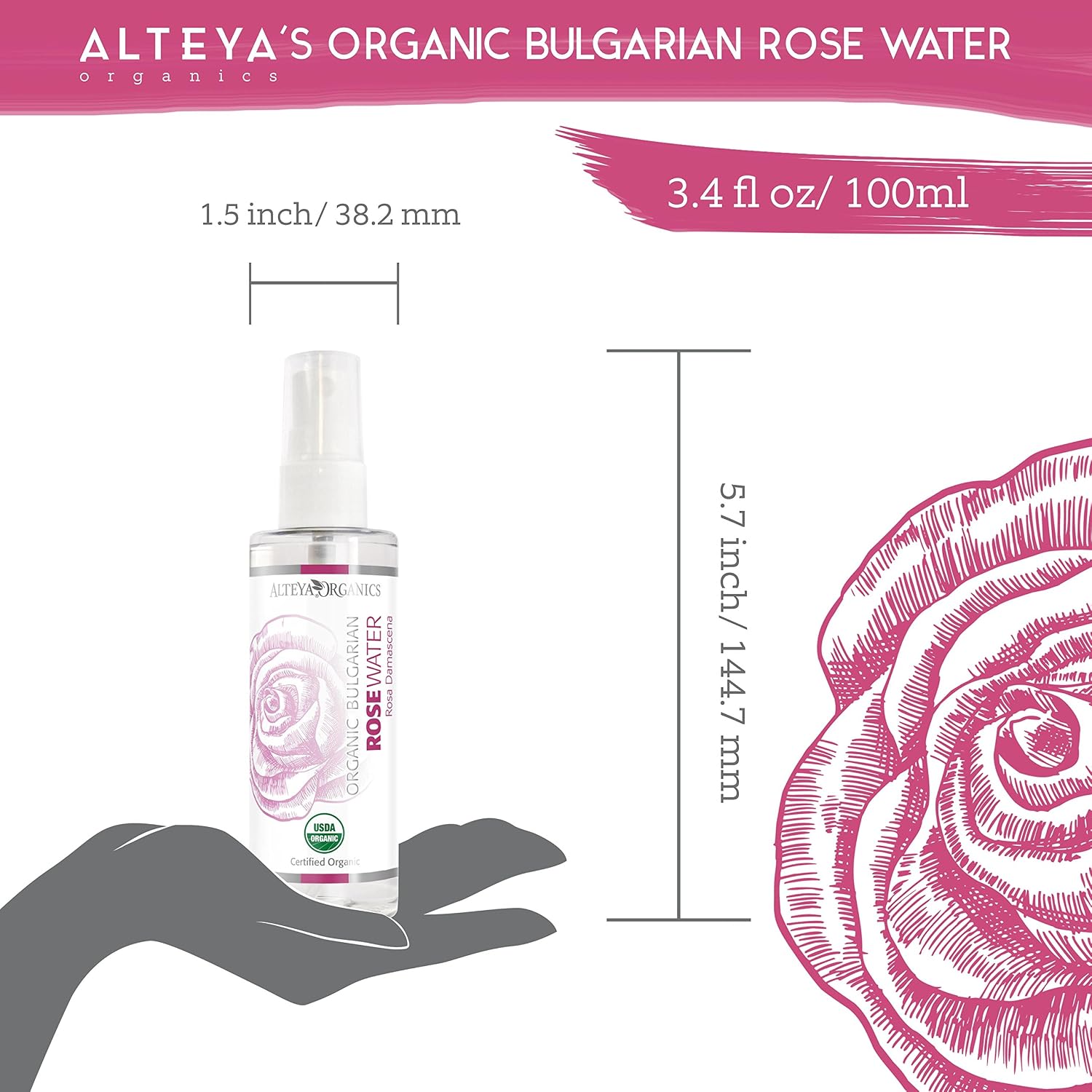 Alteya Organic Rose Water 100ml Spray, Pure Organic Rosa Damascena (Damask Rose) Hydrolat, No additives - Image 4