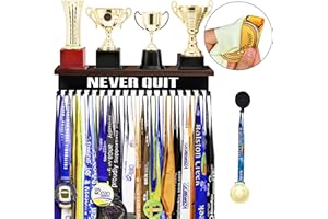 MATE SPORT Premium Trophy Medal Display - 18 Hooks (+2 Extra) Sturdy Black Metal Wall Mount - Wooden Shelf - Medals & Ribbons - Athletes Best Gift Choice - Gymnastics Soccer Running Swim Race Awards