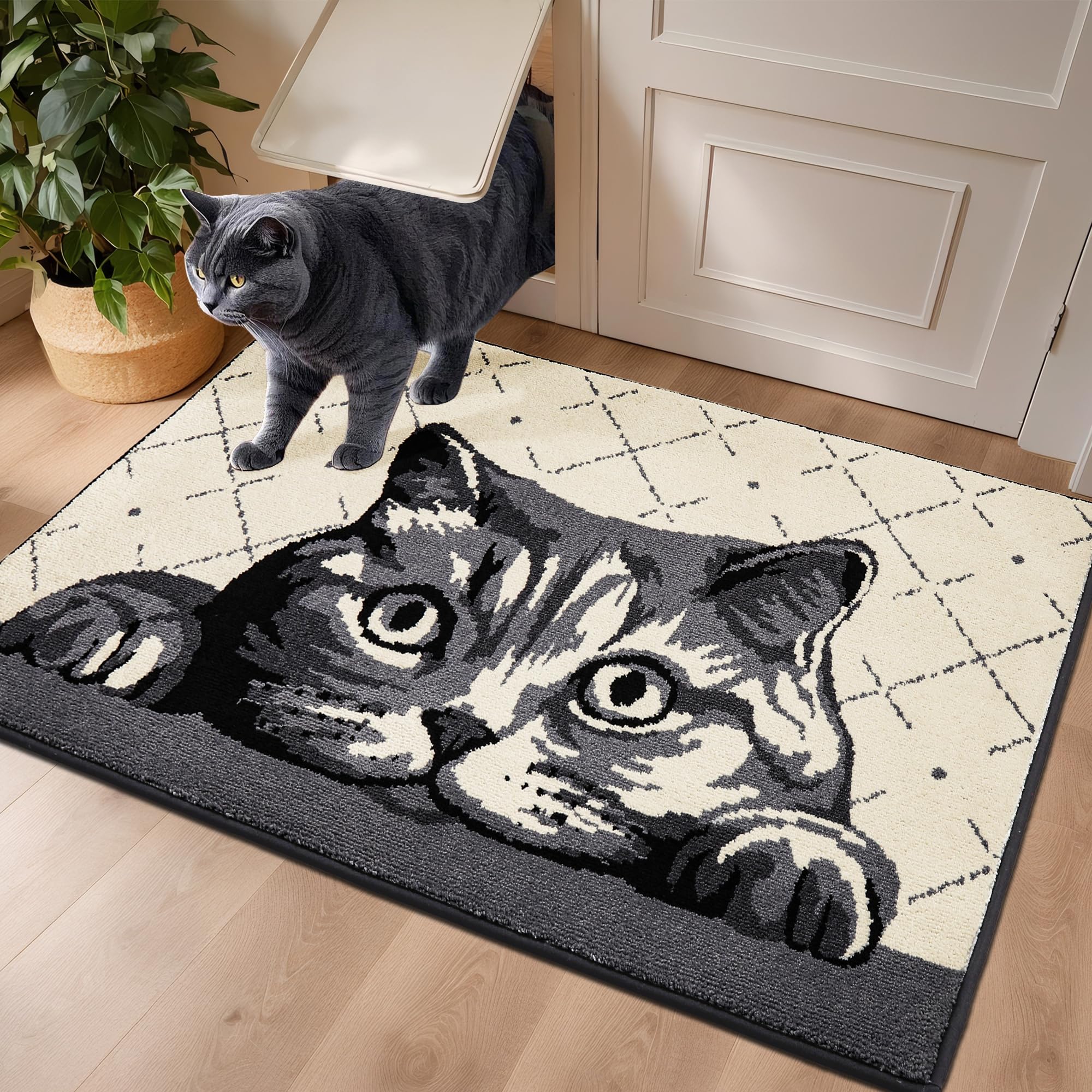 Photo 1 of COSY HOMEER Cat Welcome Mat 32"x48" Dirt Trapper Cat Door Mat Absorbent Entryway Rugs Funny Washable Non Slip Entry Rugs for Muddy Paws,Grey
