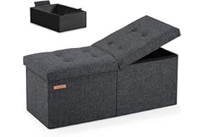 HAUSFRAU 31.5 Inches Ottoman with Storage Bench, Folding Ottoman Bench Small Foot Rest Stool, Bedroom Bench with Flipping Lid, Linen Dark Gray