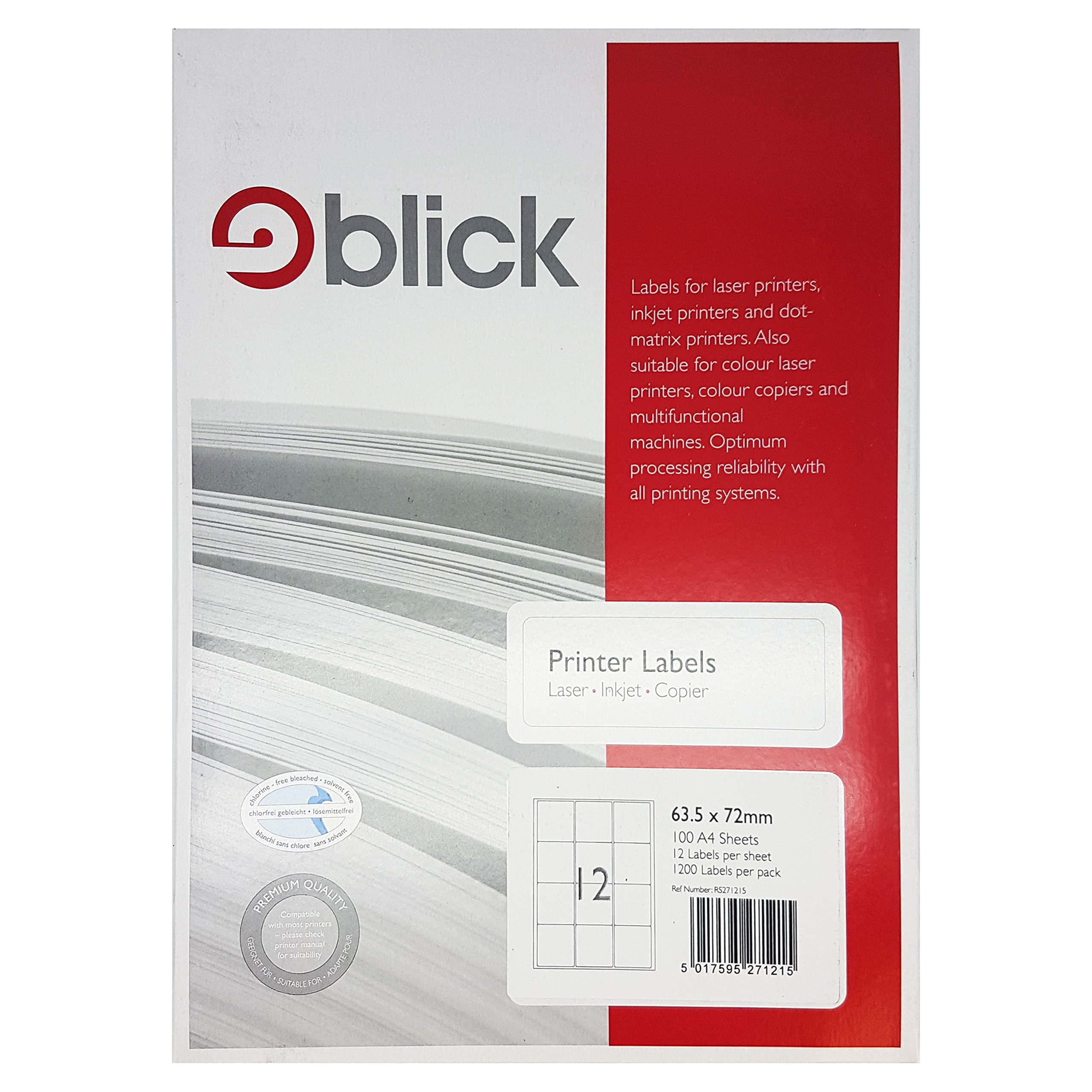 Blick Labels, White, 12 Per Sheet 100 Sheets, Rectangular, 63.5mm x 72mm, 1200 Labels, for Home, Office, Family, School