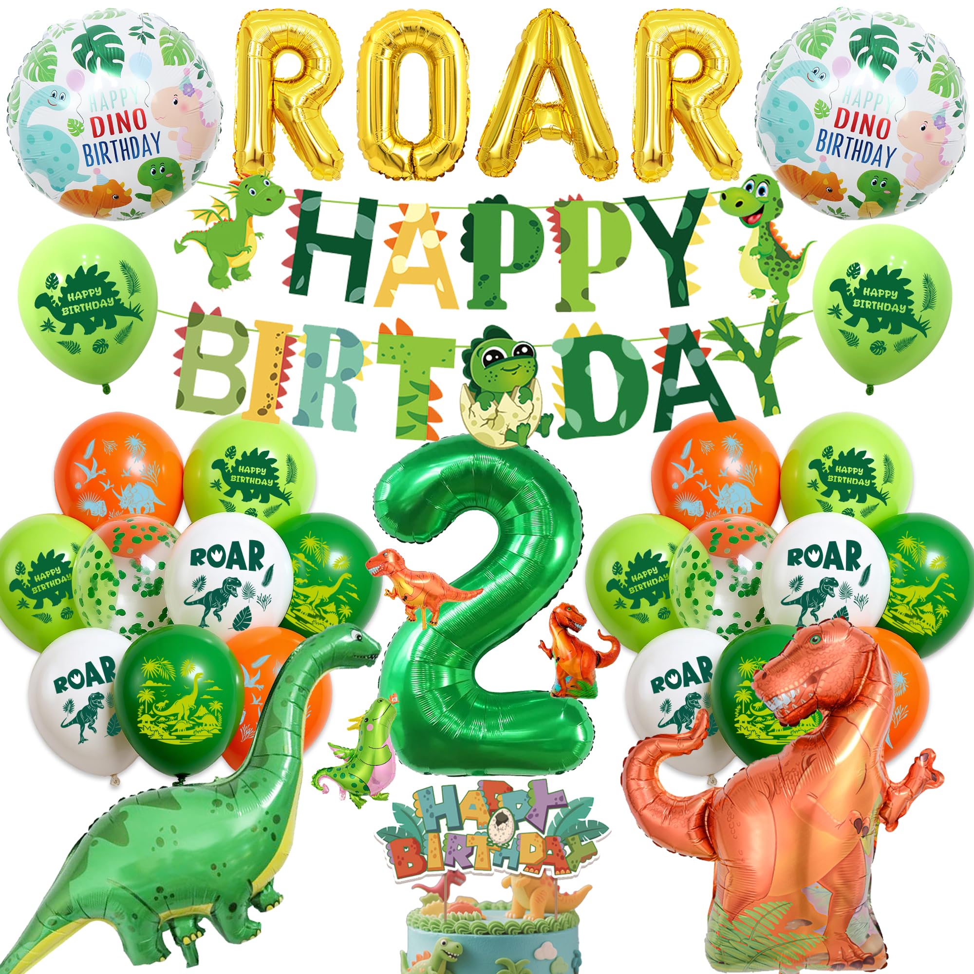 Dinosaur 2nd Birthday Balloons for Boys - Dino Happy Birthday Banner and gold ROAR Letter Balloons, Large Dinosaur and Green Numbe 2 Foil Balloon Cake Topper for Kids 2 Years Old Jungle Party Decor — image 1
