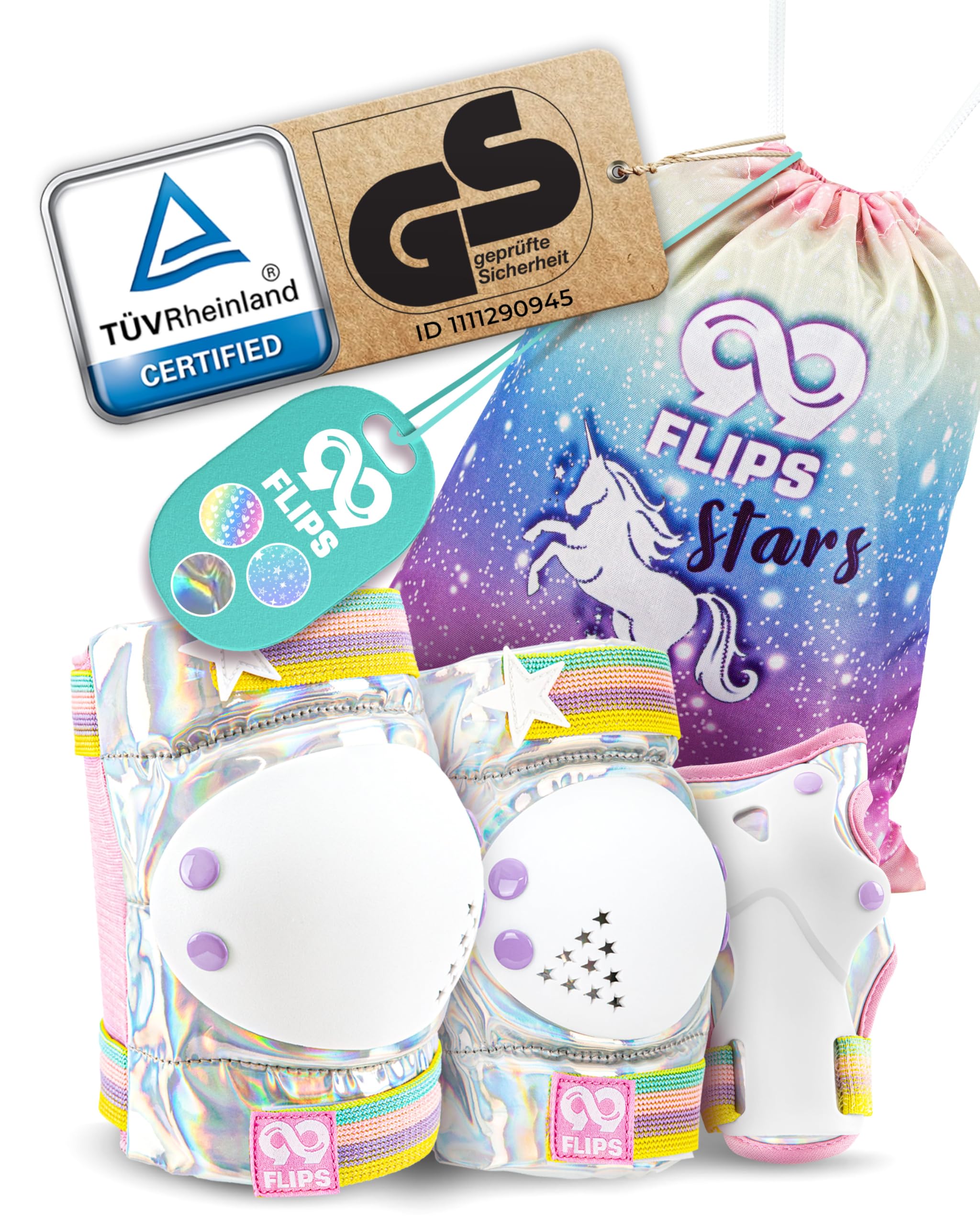 99FLIPS Kids Knee and Elbow Pads - Scooter and Skate Pads - Size XS - Magic Silver