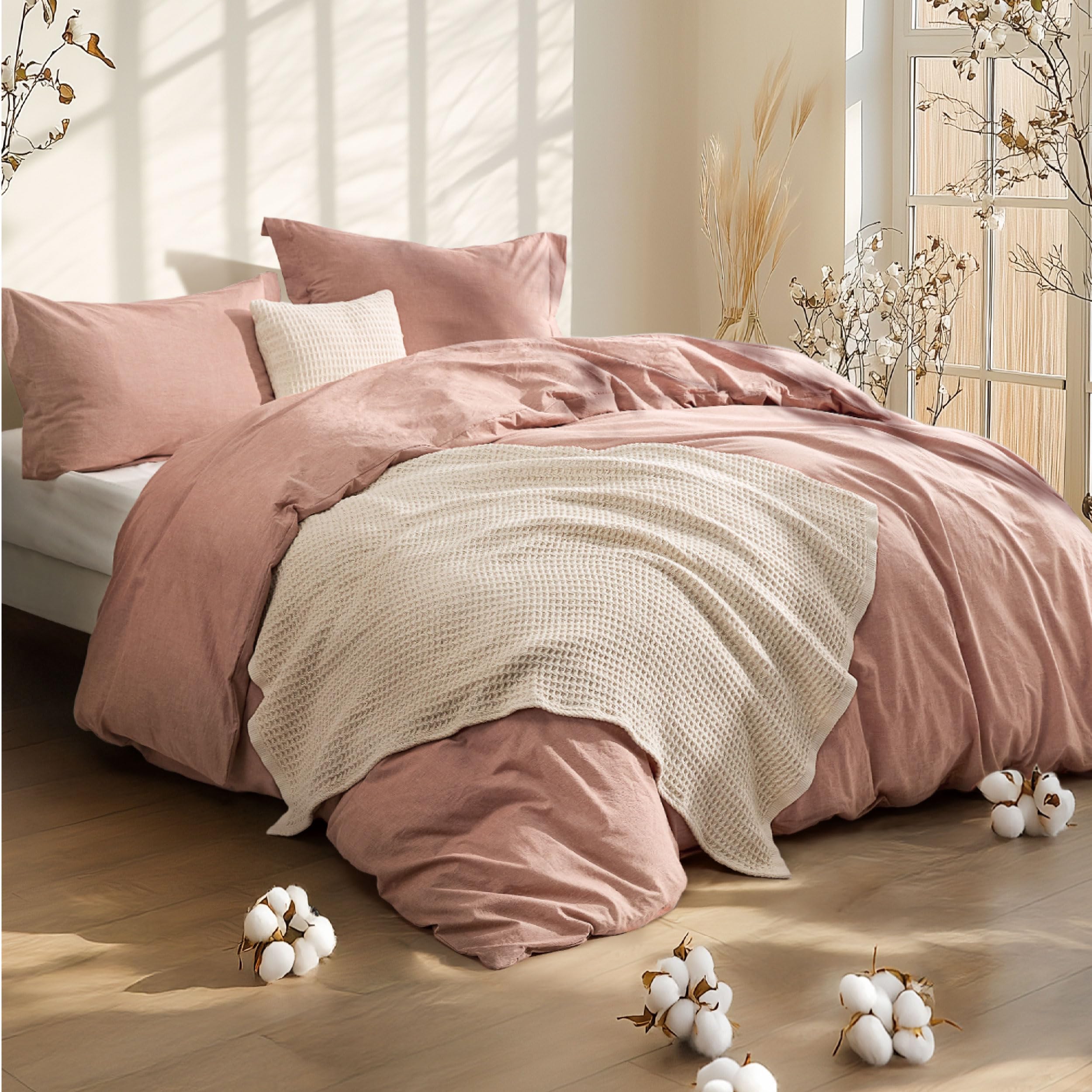 Photo 1 of Bedsure 5 PCS Cotton Comforter Set with Waffle Throw Blanket - Soft Breathable Bedding Set for All Seasons, Pink Clay Comforter Full Size, Pillow Shams, White 100% Cotton Blanket, Throw Pillow