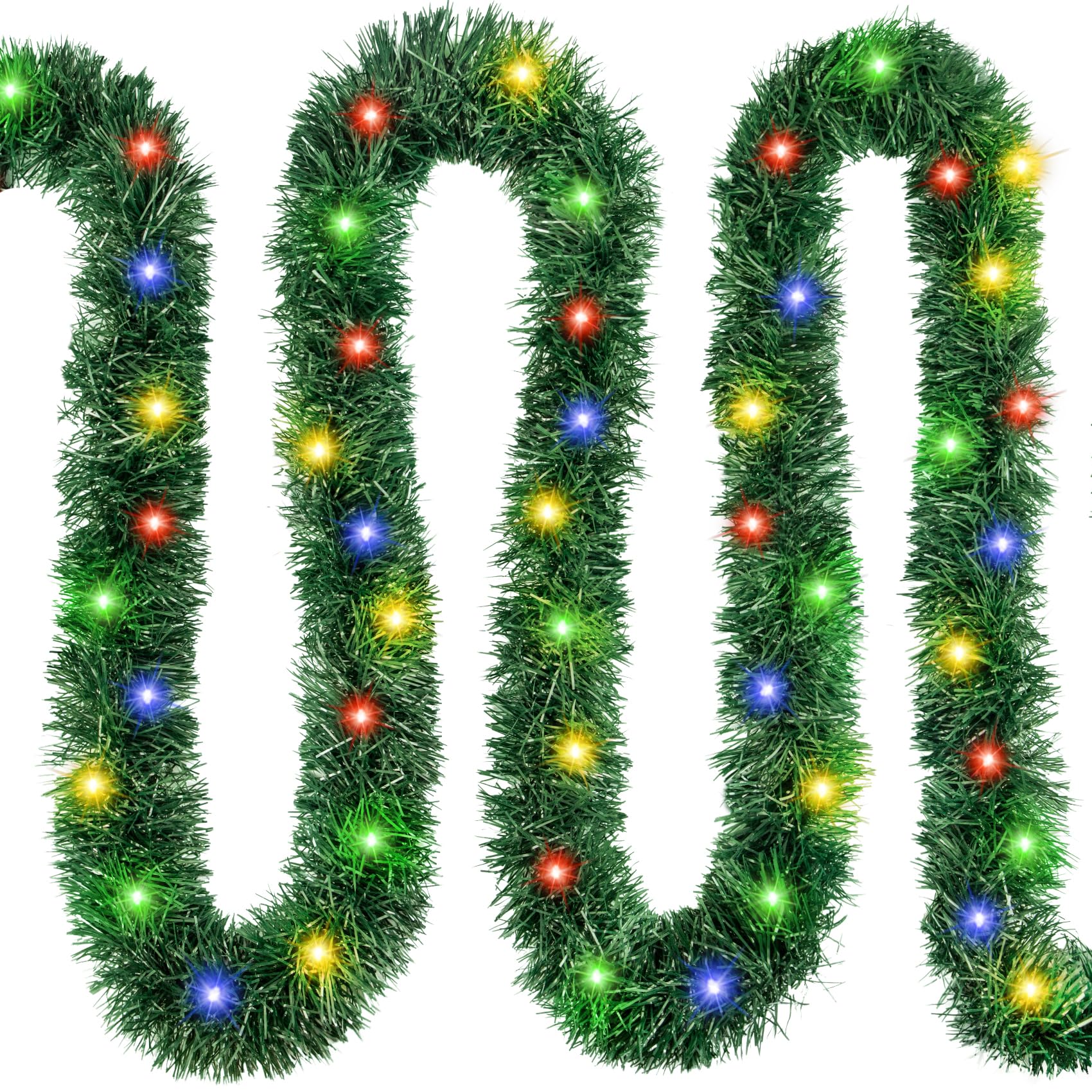 Photo 1 of 39.4ft Pre- Christmas Garland with Lights, 150 Colorful Artificial Lighted Tinsel Pine Garlands for Decoration Christmas Xmas Winter Garland for Mantle Door Stairs Party Indoor Outdoor Home Decor