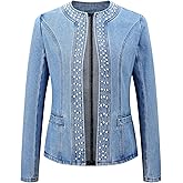 Kedera Women's Pearl Denim Jacket Long Sleeve Collarless Rivet Short Denim Coat with Pockets