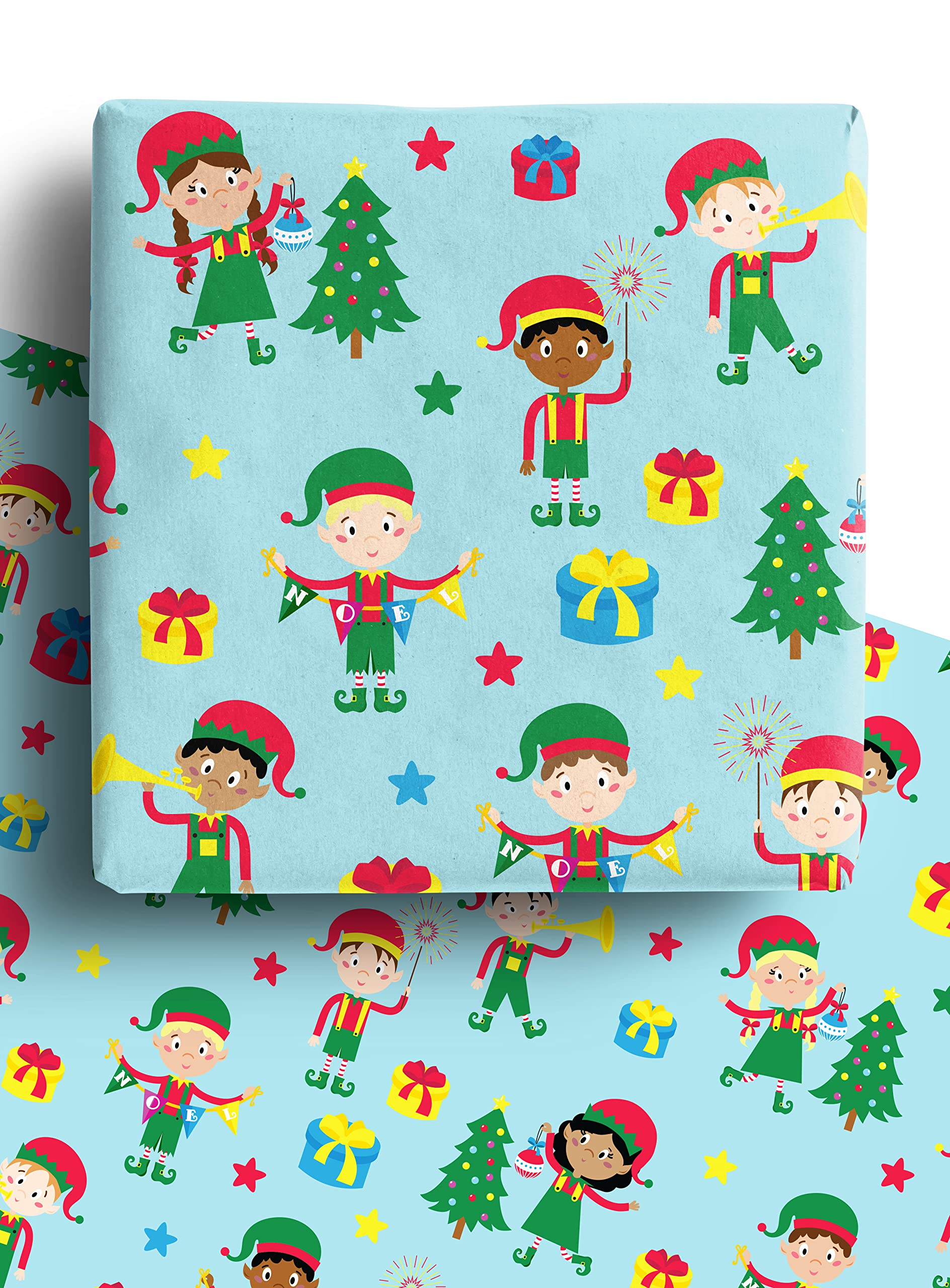 4 x Multicultural Elf Christmas Wrapping Paper for Kids - Premium Recycled and Recyclable Xmas Gift Wrap for Children, 70x 50cm, Made in the UK from 100% Recycled Paper