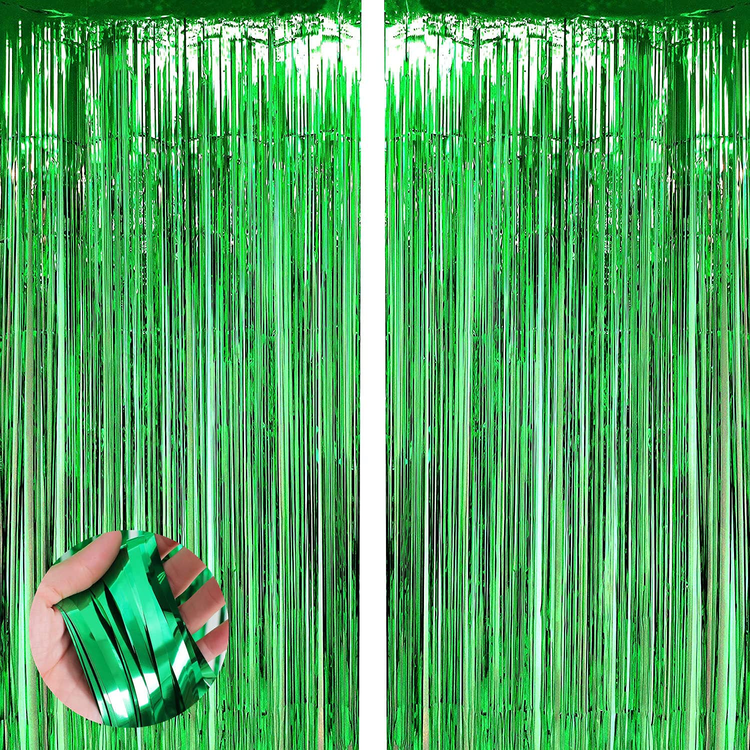 2pcs Green Foil Curtain Decoration,3.2ft x 6.5ft Shiny Green Tinsel Foil Fringe Curtains Streamer Backdrop for Christmas St Patrick's Birthday Wedding Engagement New Year Decoration