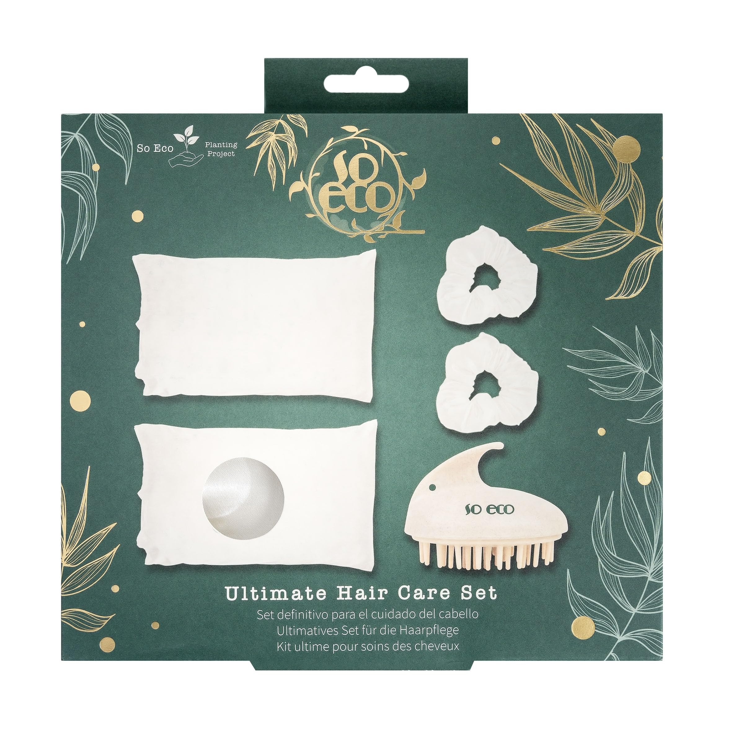 So Eco Ultimate Hair Care Set – 2 White Satin Pillowcases, 2 White Cloud Scrunchies & Scalp Massaging Brush, Reduce Breakage, Protect Hair Overnight & Promote Healthier Scalp