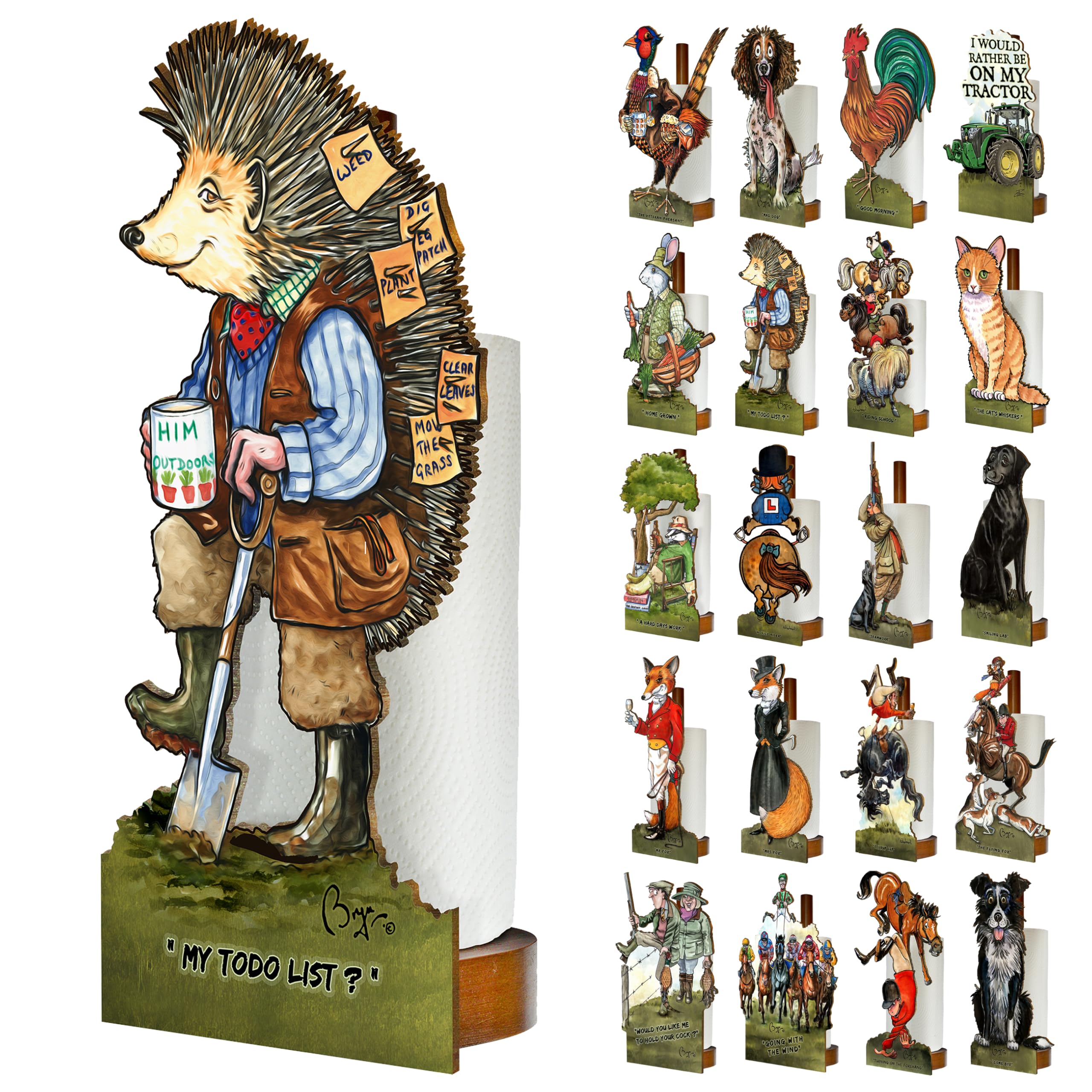 Looprints Fun Toilet Roll Storage & Kitchen Towel Holder Wooden Stand | Bryn Parry Hedgehog Art | Novelty Kitchen & Bathroom Decor & Accessories | Adds A Touch Of Humorous Decor To Any Gardeners Home.