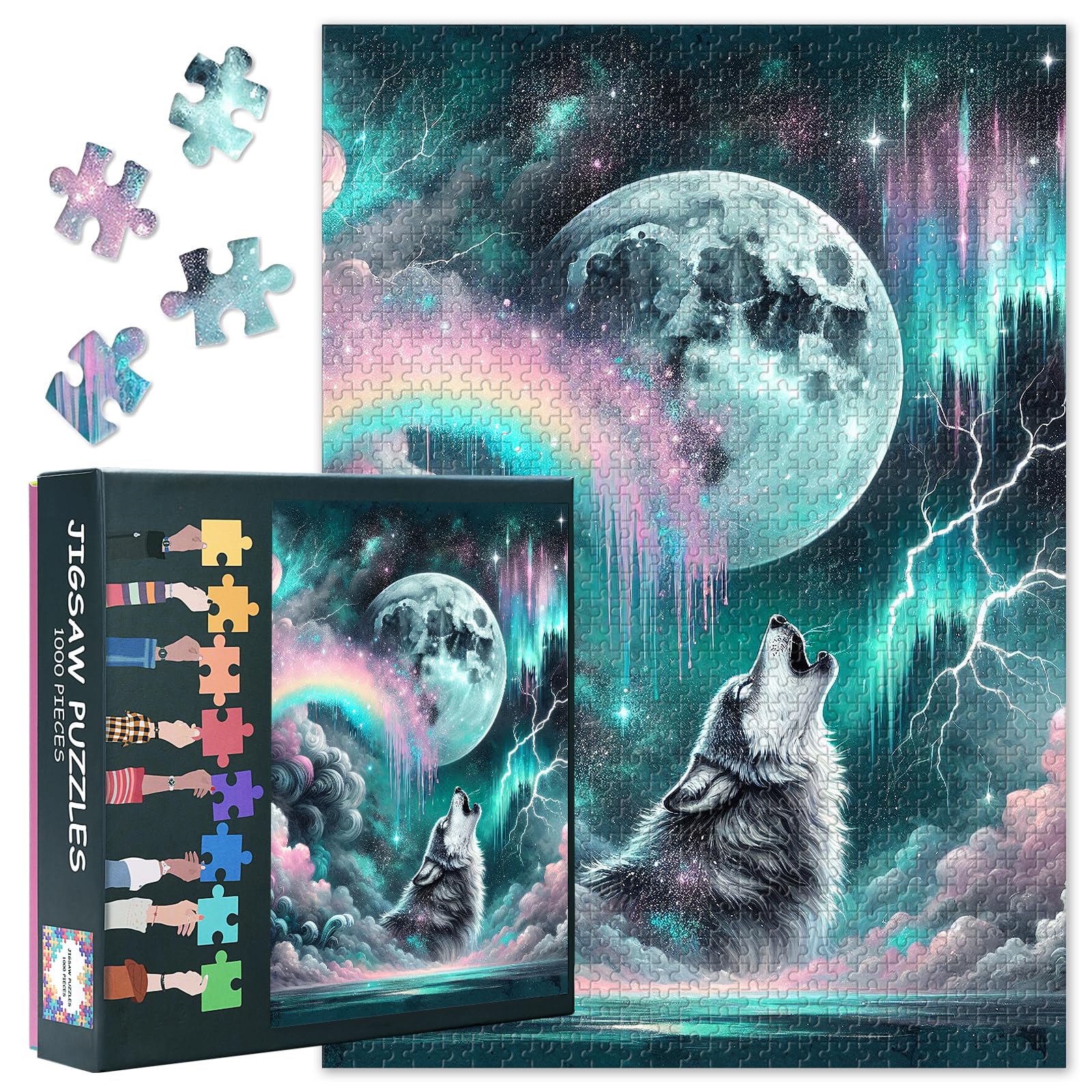 Wolves Howl Among the Clouds, Lightning, Storms, Auroras and the Glittering Moon Puzzles for Adults 1000 Pieces, Impossible Jigsaw Puzzle for Adults, 19.5 x 27.5 Inch
