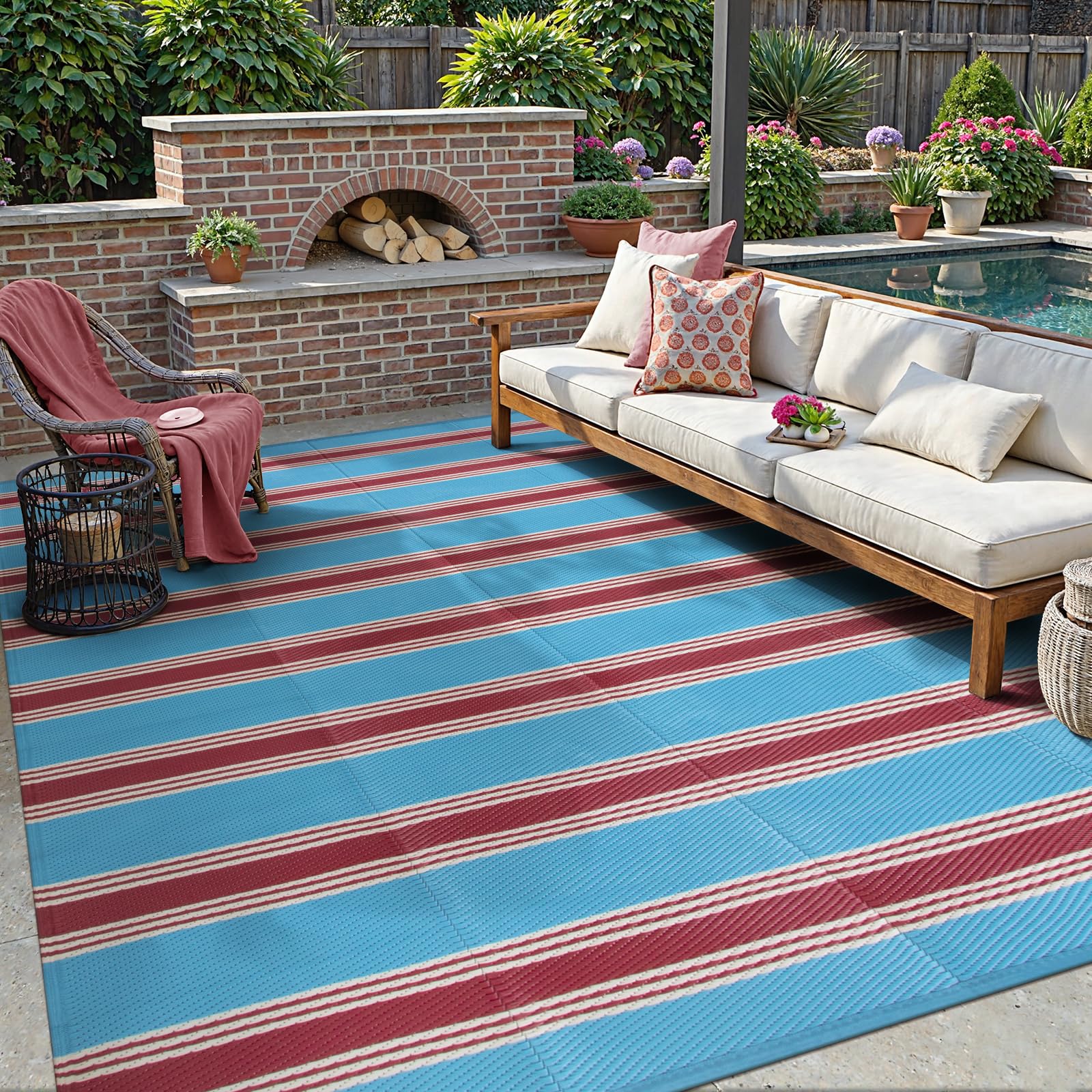 Photo 1 of Lahome Striped Outdoor Rug 8x10 Patio Waterproof, Reversible Outdoor Plastic Straw Rug for Camping, RV Patio Rugs Outside Large Carpet for Porch Deck Backyard Picnic(Blue/Red,8'x 10')