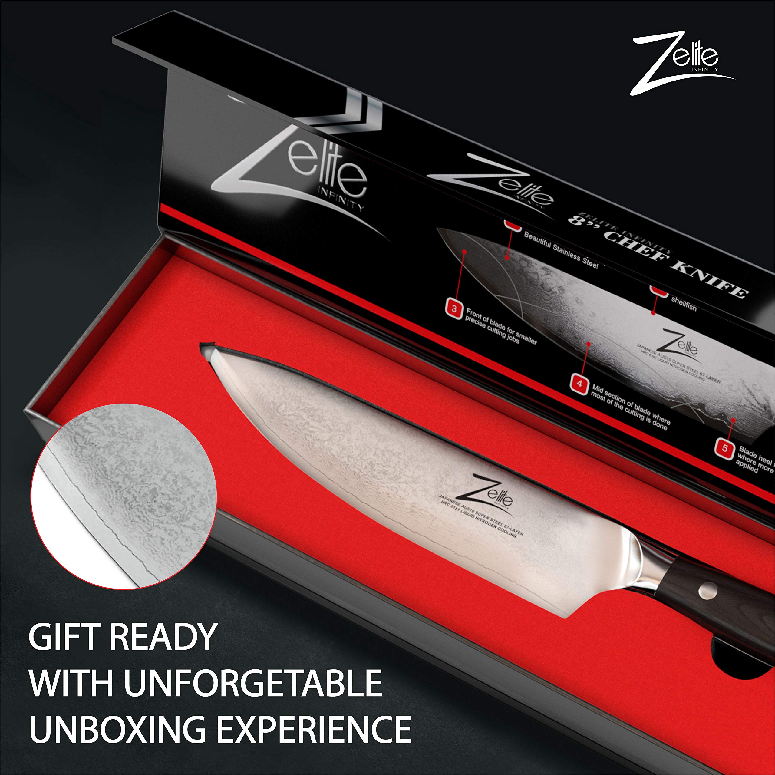 Zelite Infinity Chef Knife 8 Inch, Damascus Japanese AUS10 Super