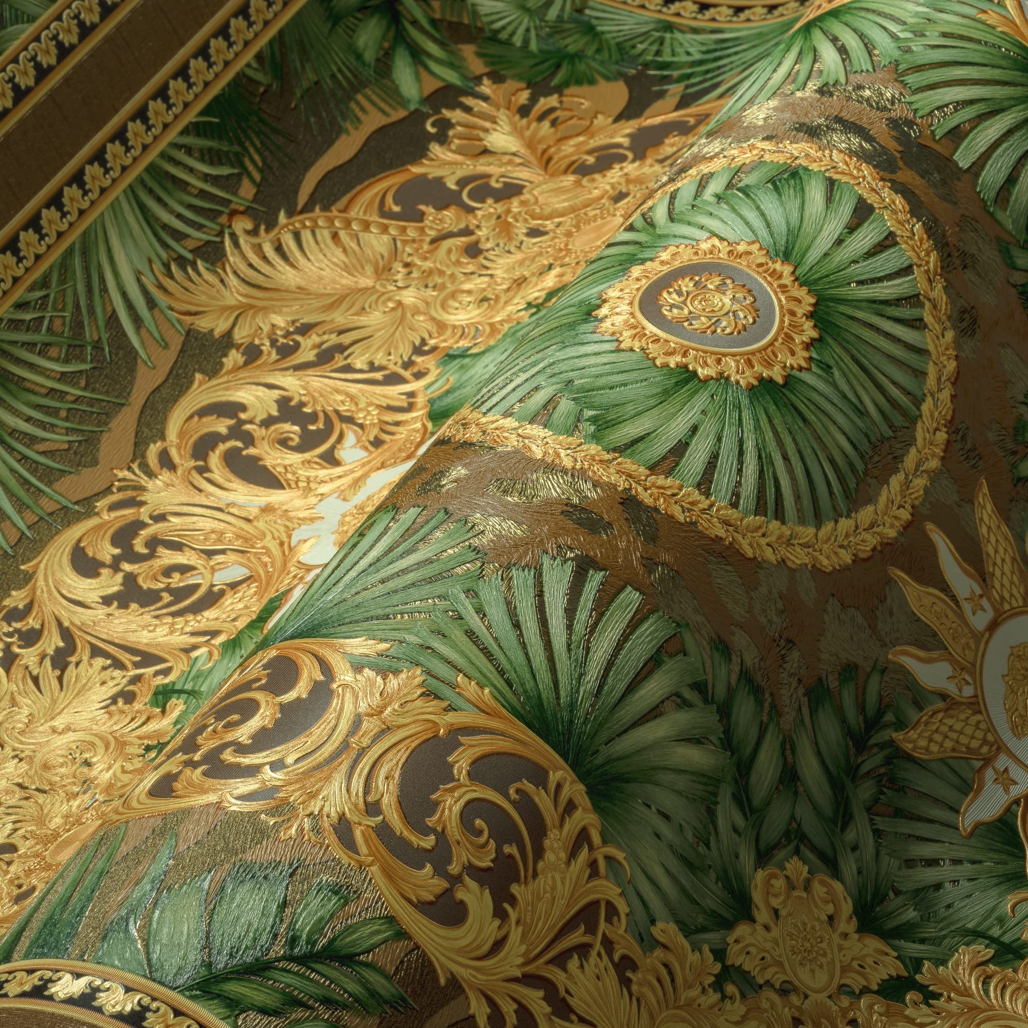 A.S. Création Wallpaper Jungle Wallpaper Luxury 387033 Green Palm Trees Gold Brown Designer Logo Medusa 10.05 x 0.70 m Made in Germany