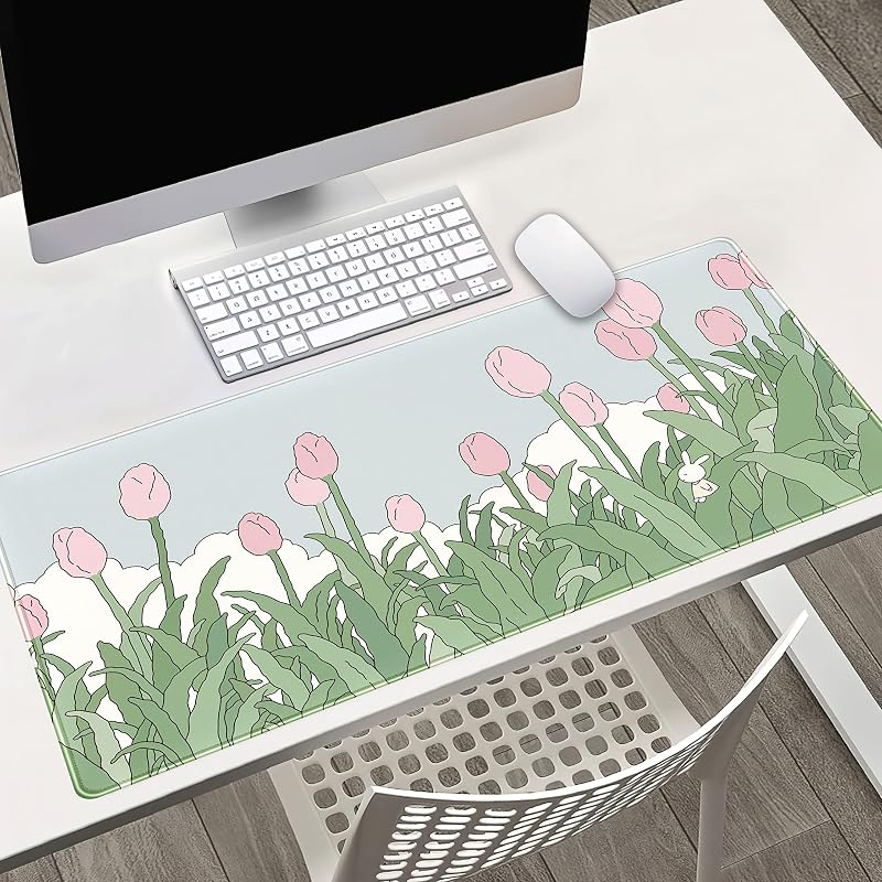 Alfombrilla para ratón inalámbrico, para juegos, extragrande XXL, para escritorio, anime kawaii, bordes cosidos, 80 x 40 cm, diseño de tulipán rosa y verde