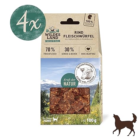 Wildes Land | Fleischwürfel | Kausnack für Hunde | 70% Frischfleisch | 30% Gemüse & Beeren | Natürlich belohnen | getreidefre