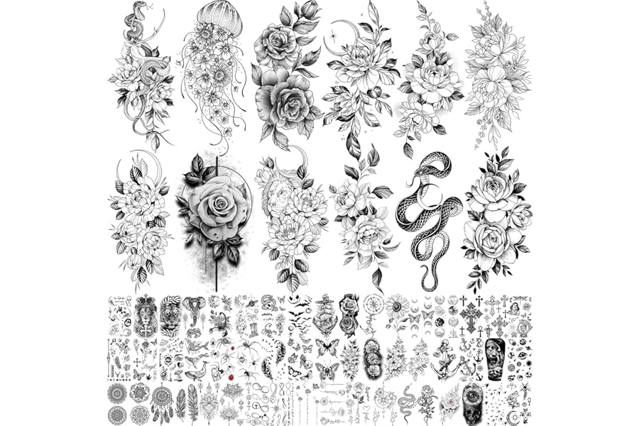 Bilizar 64 Sheets Long Lasting Flower Temporary Fake Tattoos For Women Arm Neck, Jellyfish Sunflower Moon Rose For Adults Girl, 3D Temp Realistic Snake Tatoo Stickers Serpent Peony Floral Kids
