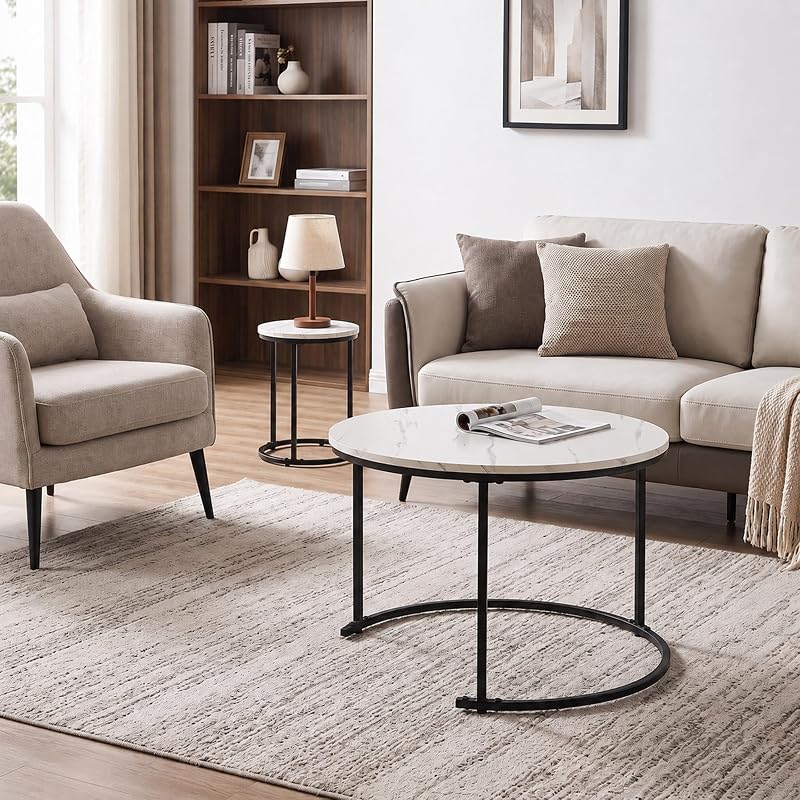 Ensemble de 2 Tables d'appoint, 2 Tailles, Blanc/Noir