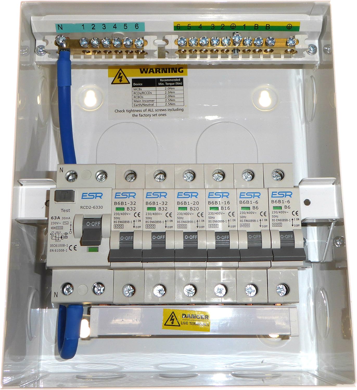 Metal 6 Way Consumer Unit With 63 Amp 30mA RCD Trip Switch And 6x MCB