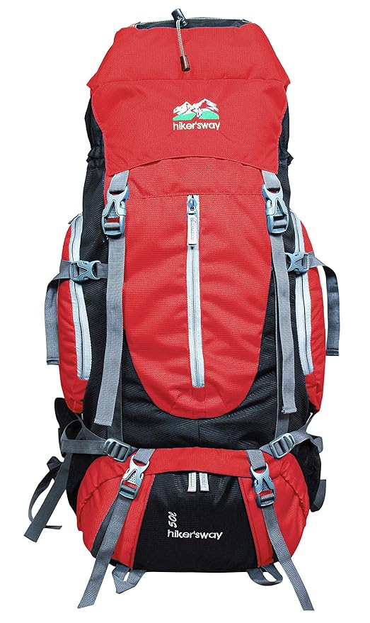 Hikers way 50 Ltrs Red Internal Frame Rucksack Backpacks Travel Bag Hiking Bag Camping Bag Trekking Bags with Waterproof Compartment (HW-5001Red)