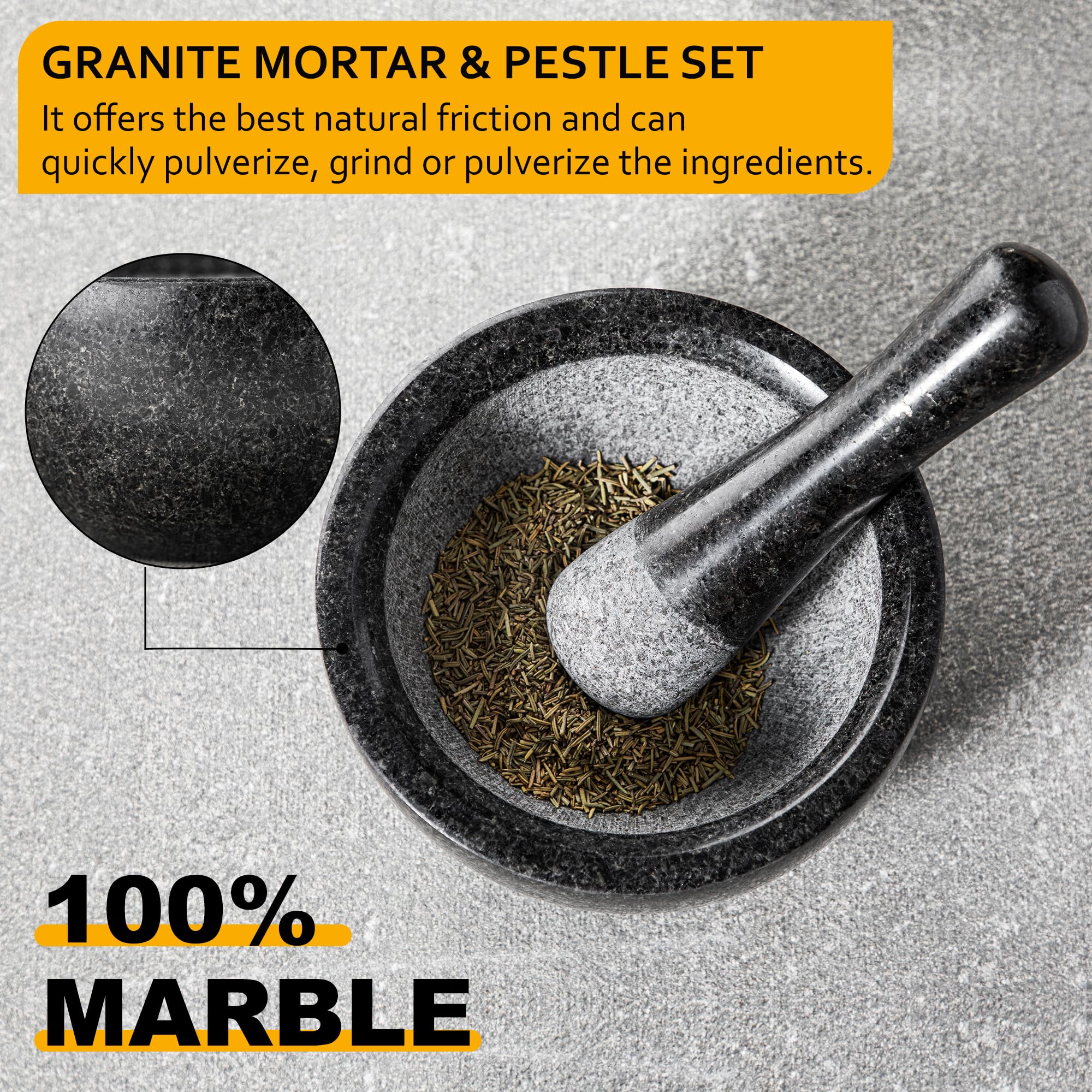 Velaze Large Mortar and Pestle Set, 100% Granite, Natural Unpolished, Herb Crusher, Spice Grinder, Stone Grinder Bowl for Making Guacamole and Pesto, 6.3 Inch Pestle and 16 oz Mortar(2 Cup)