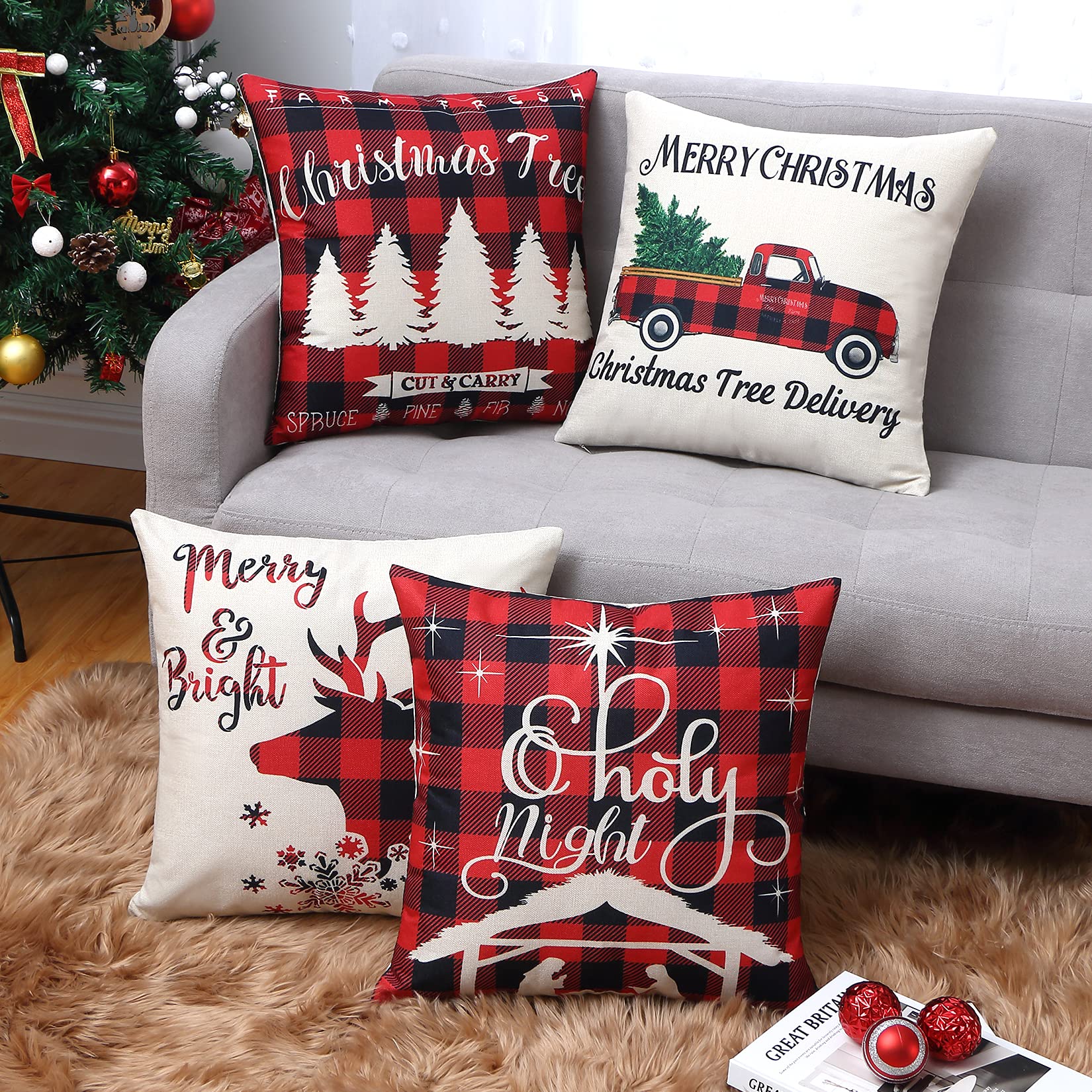 CAROMIO Christmas Decorations Cushion Covers Farmhouse Christmas Pillow Covers Set of 4 Red Black Buffalo Plaid Pillow Cases 45 × 45 cm Xmas Cushion Covers for Sofa Home Decor