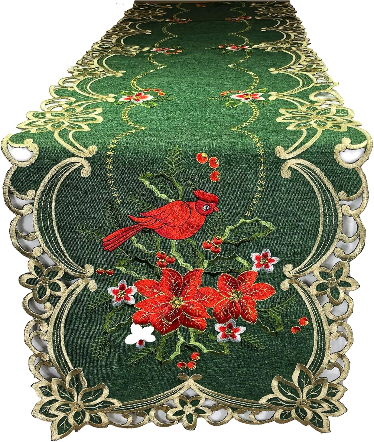 K & K TABLETOPS Christmas Cardinal Red Embroidered Table Runner Tablecloth Green