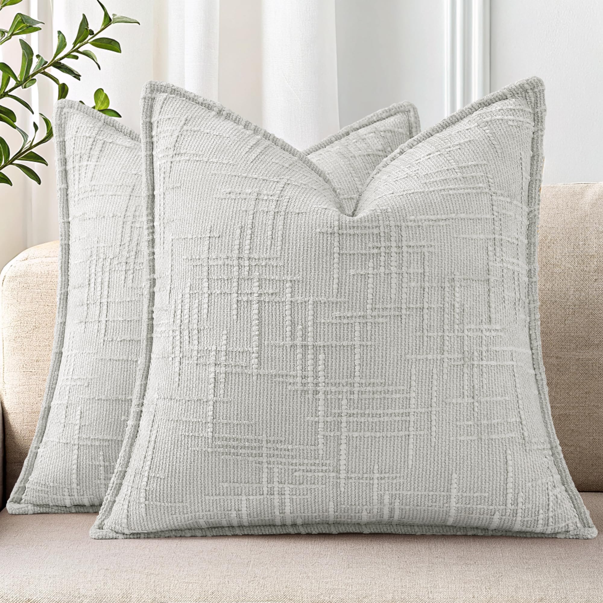 decorUhome Chenille Throw Pillow Covers 16x16 Set of 2, Thick Textured Slubby Neutral Decorative Pillow Covers with Elegant Design for Couch, Sofa, Living Room, Light Grey