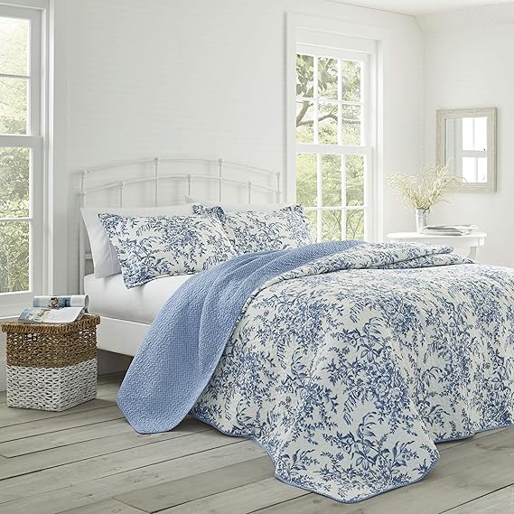 Laura Ashley 185747 Bedford Cotton Reversible Quilt Set, Full/Queen