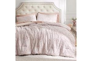 Bedsure Queen Comforter Set, Pink Boho Tufted Bed Set, 3D Puffy Jacquard Bedding Queen Size, 3 Pieces, 1 Farmhouse Shabby Chic Embroidery Comforter with Bow Pattern & 2 Pillow Cases