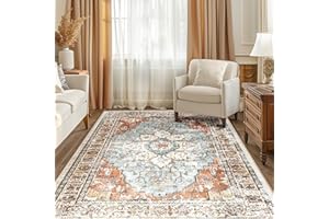 BESTSWEETIE Area Rug 5x7 Rugs for Living Room 5 x 7 Washable Rugs Non Slip Vintage Boho Living Room Rugs for Bedroom Dining Room, Distressed Floral Pattern Carpet, Green Brick Rust Red