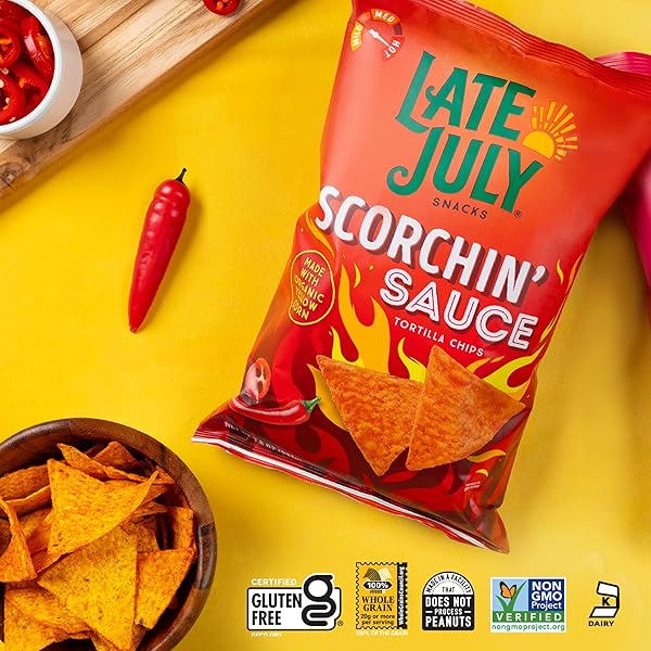 LATE JULY SNACKS, SCORCHIN’ SAUCE CORN TORTILLA CHIPS, 7.8 OZ. BAG