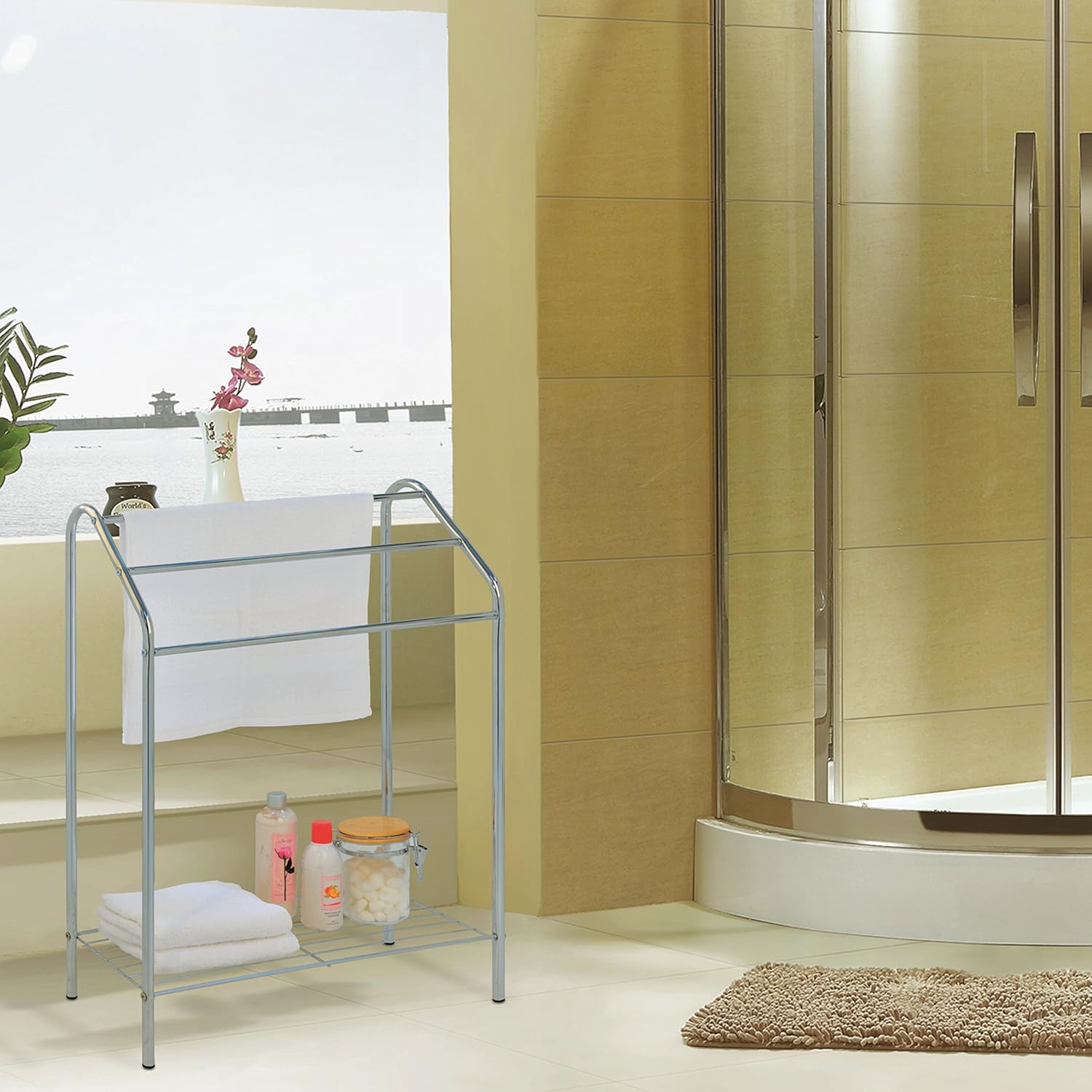 MyGift Freestanding 3 Tier Metal Towel Rack, Chrome Bathroom Towel Bar, Silver-Tone: Home & Kitchen