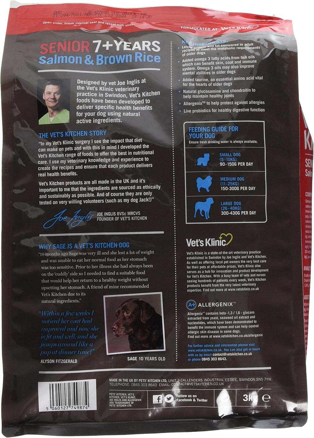 Vet's Kitchen Dry Dog Food Senior Salmon & Brown Rice Protect & Care 3kg, 3 kg (Pack of 1) - Image 3