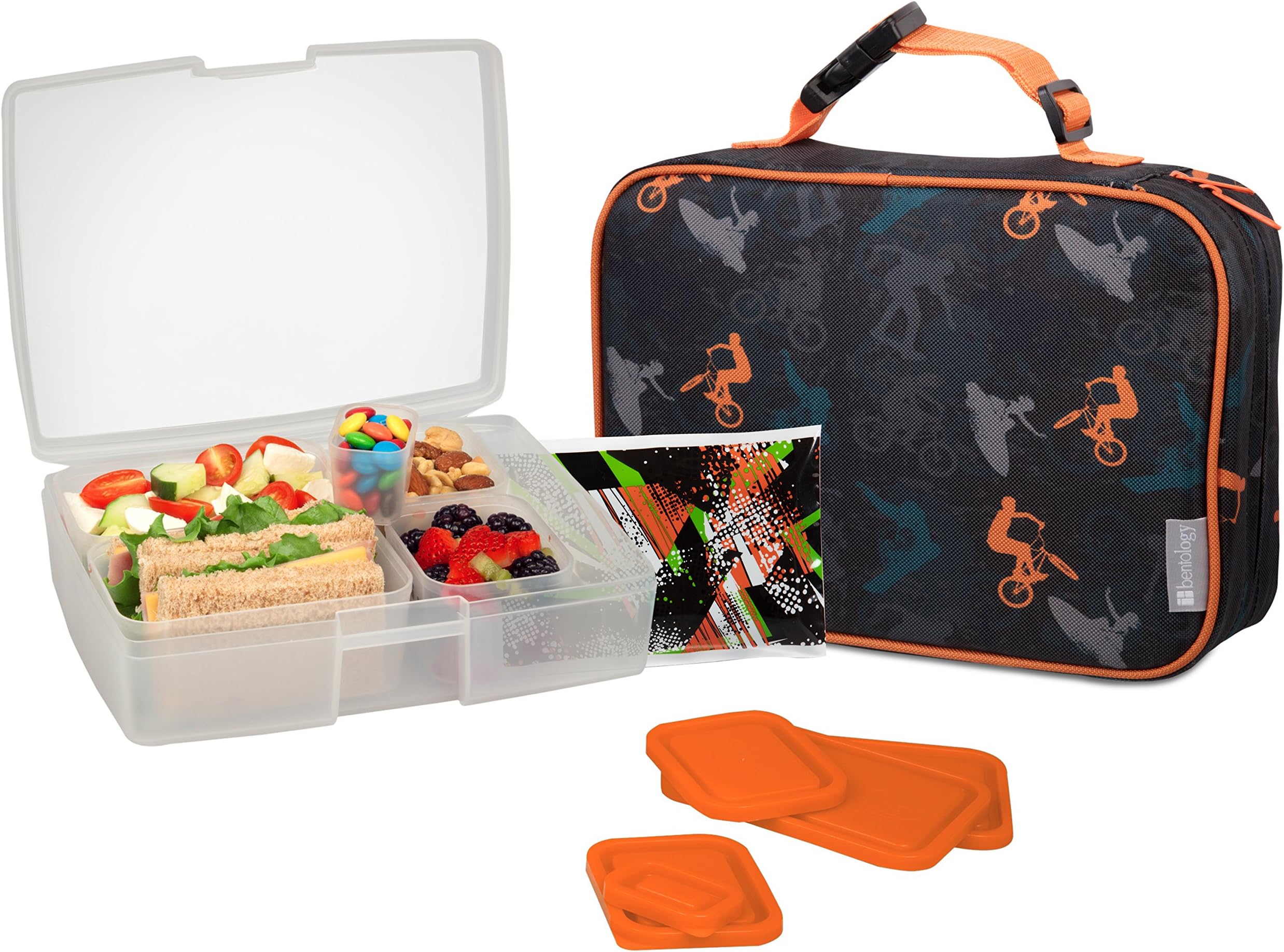 Bentology Lunch Bag and Box Set for Kids - Boys Insulated Lunchbox Tote, Bento Box, 5 Containers and Ice Pack - 9 Pieces - Sports
