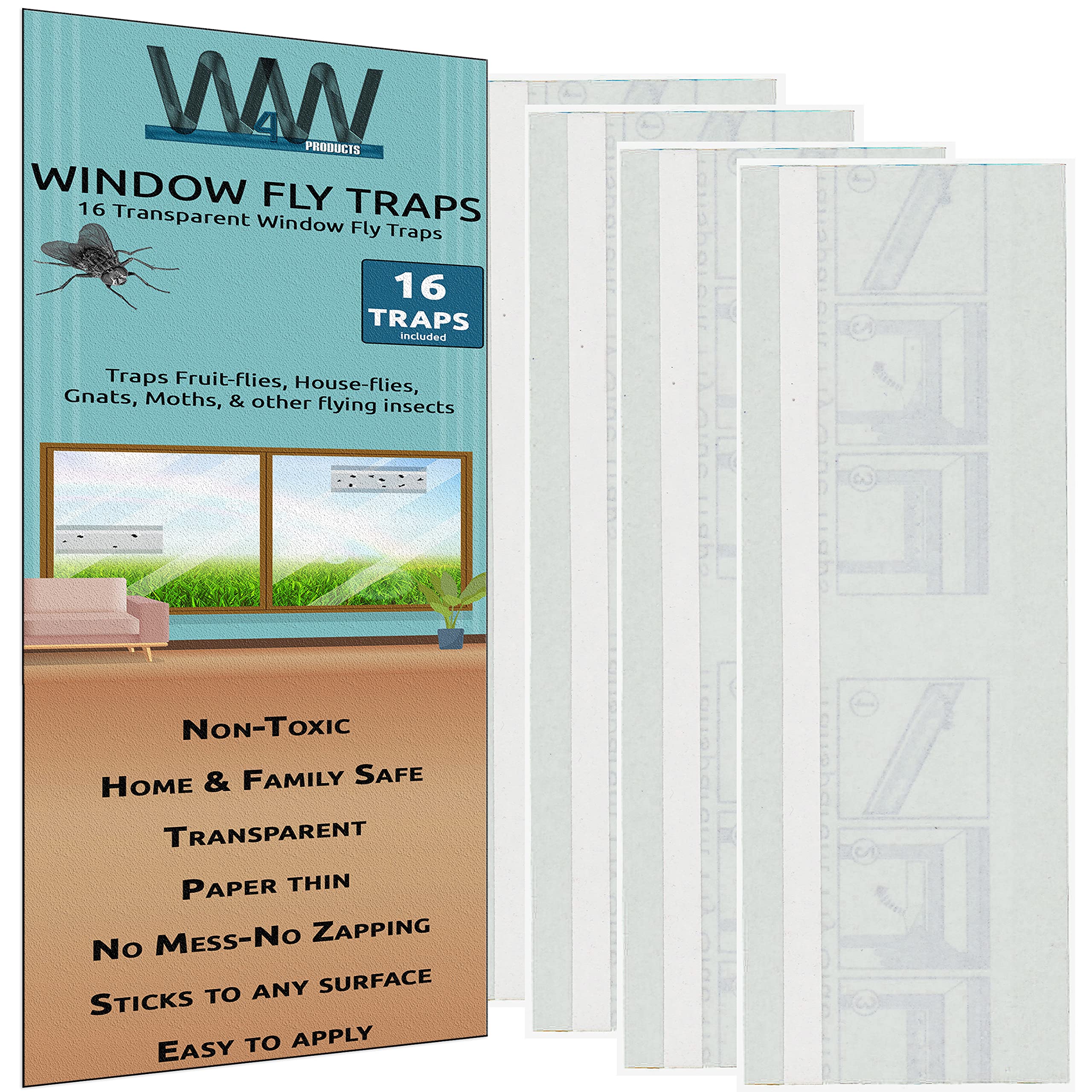 W4W Flies & Bug Window Fly Trap - Indoor/Outdoor Non Toxic Clear Window Fly Traps - 16 Pack