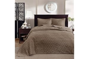 Madison Park Quebec Reversible Damask Design, Double Sided Quilting All Season, Lightweight Coverlet Bedspread Bedding Set, Matching-Shams, King(120"x118"), Mocha