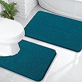 OLANLY Bathroom Rugs Sets 2 Piece, Soft Absorbent Chenille Bath Mats and U-Shaped Contour Toilet Mat Area Rug Set, Machine Washable Bath Carpet, Home Decor Accessories(30"x20"+24"x20", Peacock Blue)
