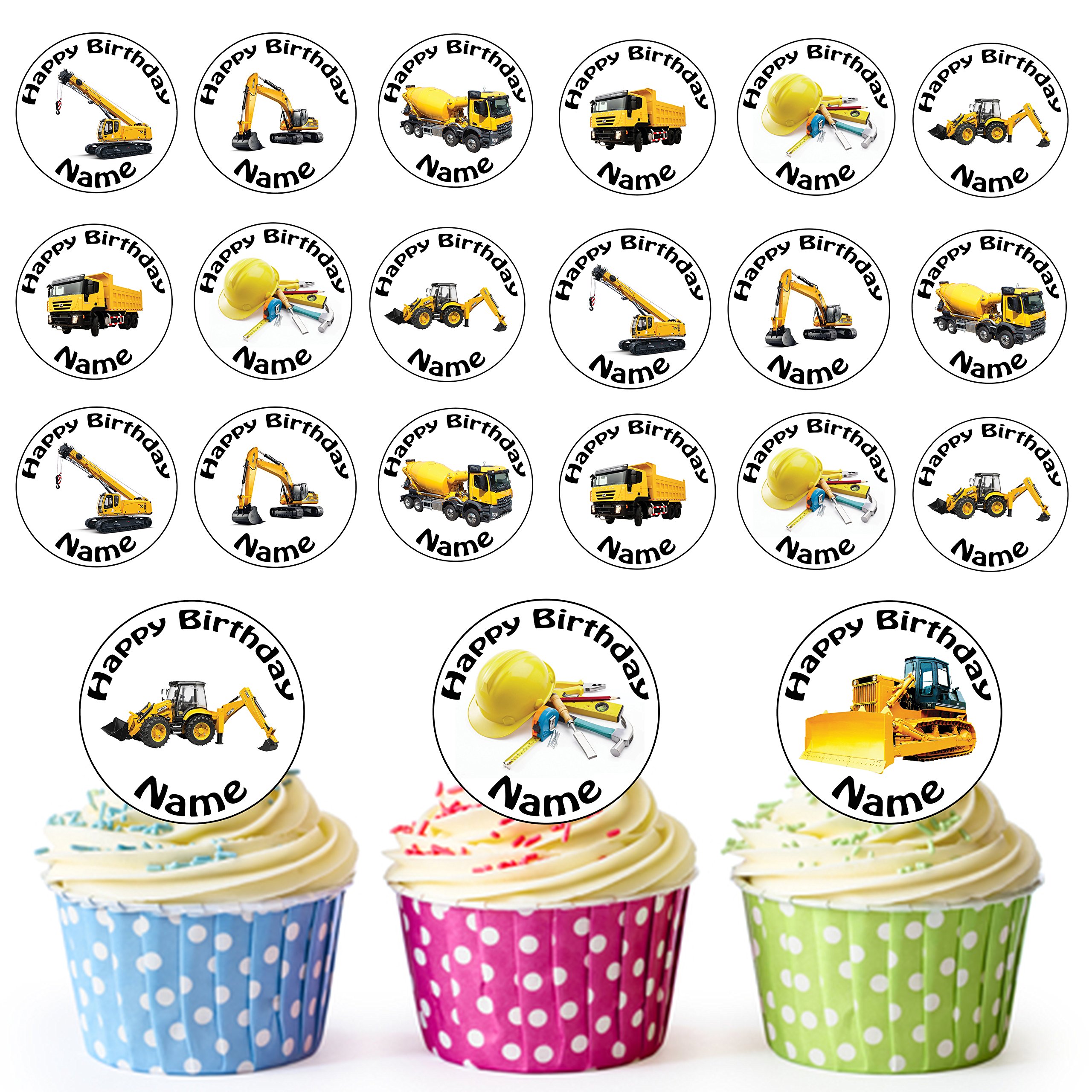 Buy Construction Mix 24 Personalised Edible Cupcake Toppers/Birthday
