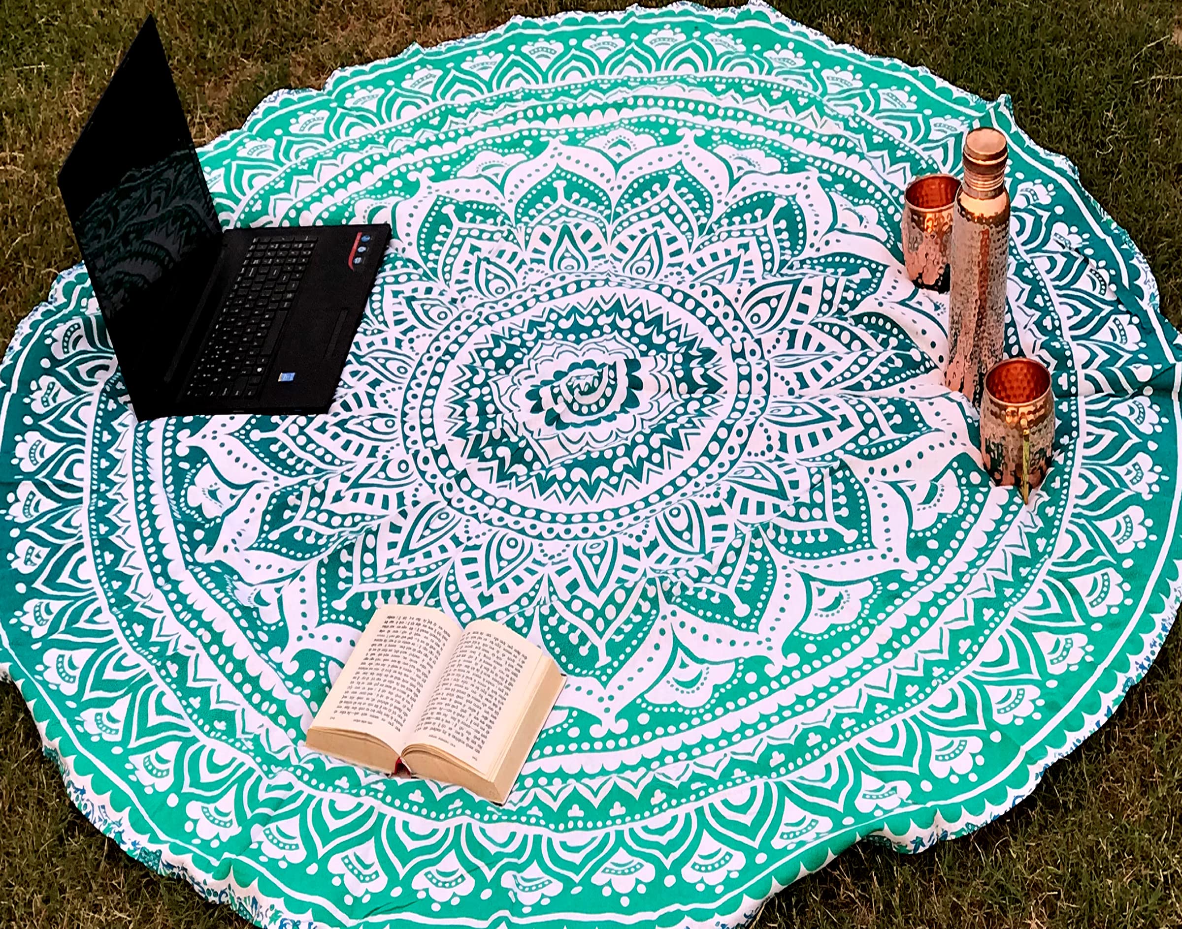 raajsee Green Round Beach Tapestry Hippie/Boho Beach Blanket Mandala/Indian Cotton Throw - Round Tablecloth/Home Decor/Indie Rug Yoga Mat Meditation Picnic Rugs 178 CM / 70 INCHE Circle