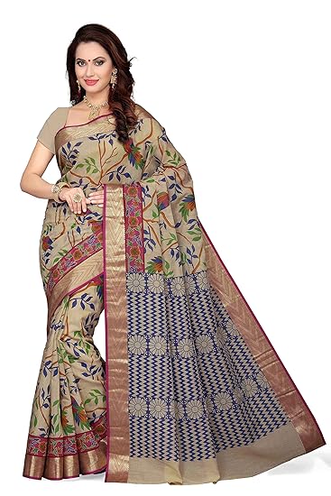 Womens Poly Cotton Saree with Blouse Piece (SKR1751, Beige)