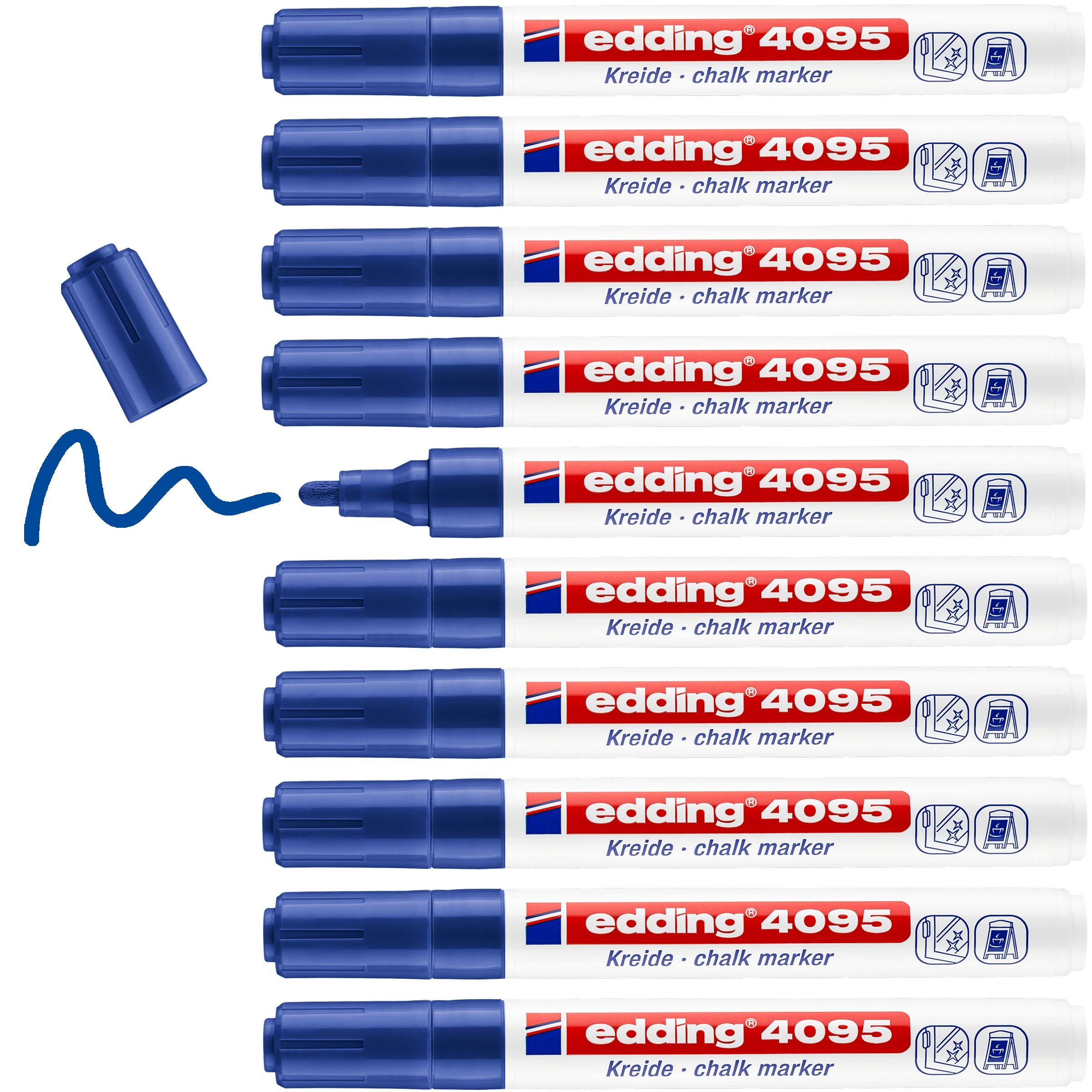 edding 4095 chalk marker - blue - 10 chalk pens - round tip 2-3 mm - medium-tipped wet wipe pen for chalkboards, windows, glass, mirrors - liquid chalk marker pens for opaque coverage