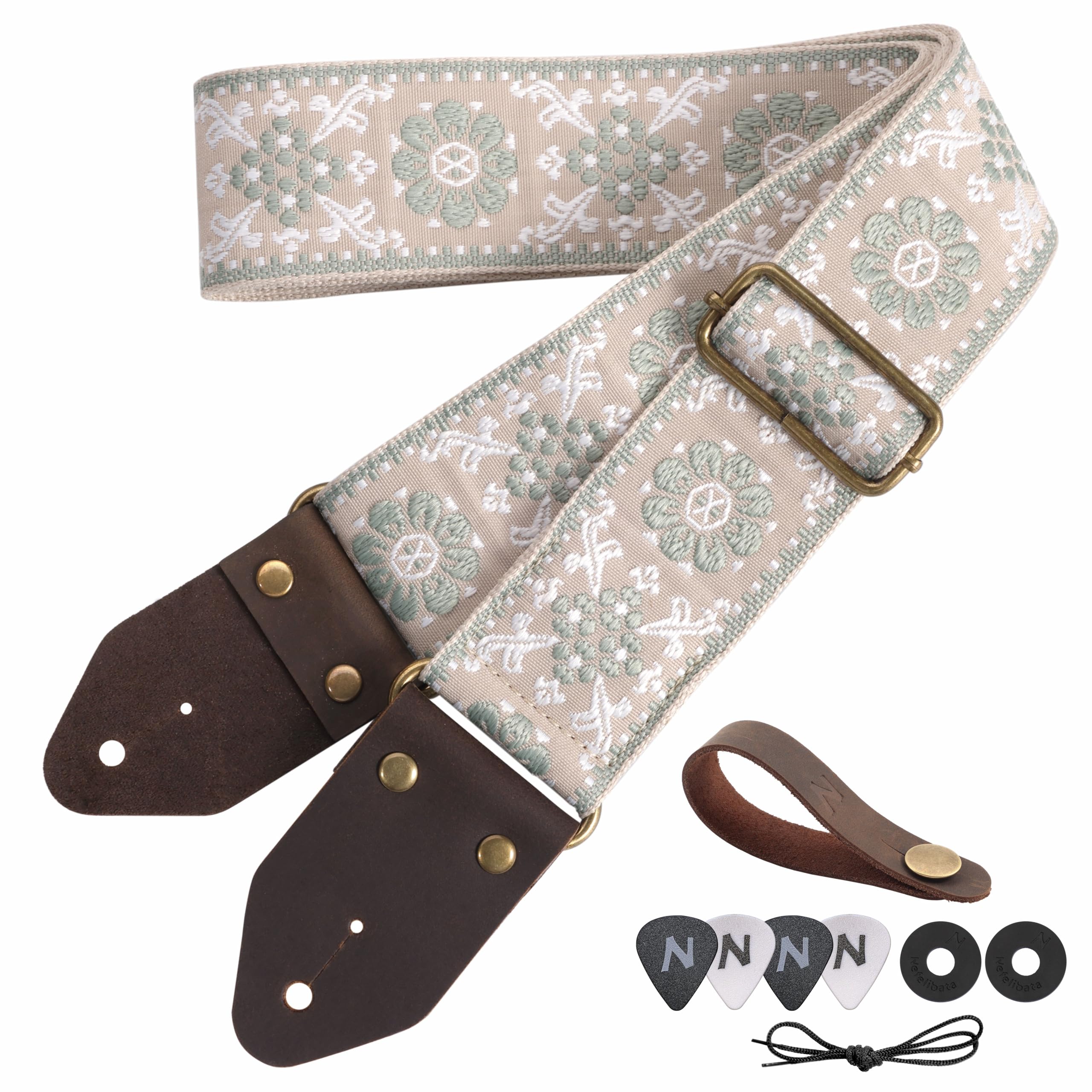 Nefelibata Guitar Strap,Jacquard Embroidery Cotton Guitar Straps with Crazy Horse Leather Ends for Bass, Electric & Acoustic, Best Gifts for Guitarists(Light Green Flower Embroidery.)