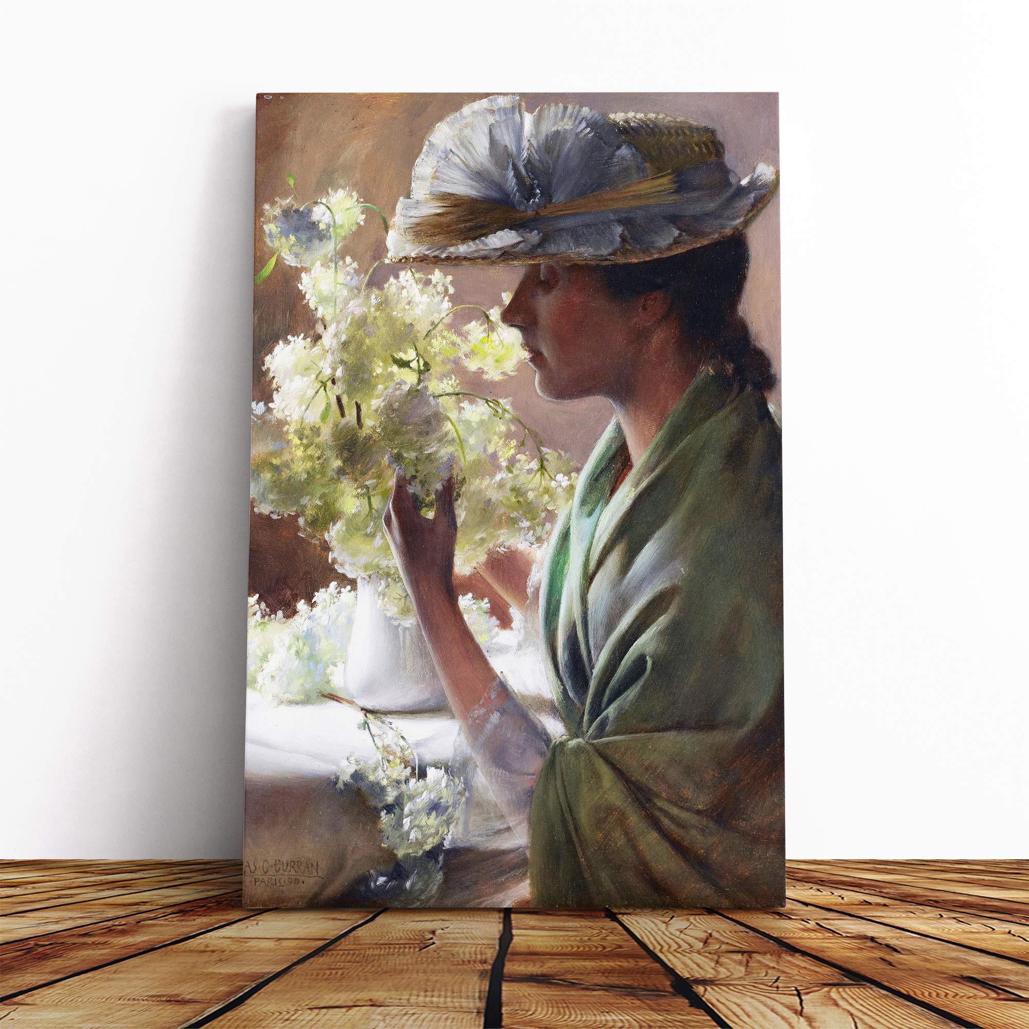 Charles C. Curran Lady with a Bouquet Canvas Print | Gallery Wrapped 30mm Frame Wall Art | 20x14 inches | Ready to Hang | Modern Floral Picture | Living Room Bedroom Lounge Office