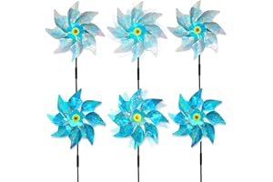 YITLA 6 Pack Windmills for Yard,Reflective Pinwheels with Stakes,Pinwheels for Yard and Garden,Bird Deterrents for 0utside,Sparkly Windmills for Garden Decor Scare Birds Away (6 Pack Blue+Silvery)